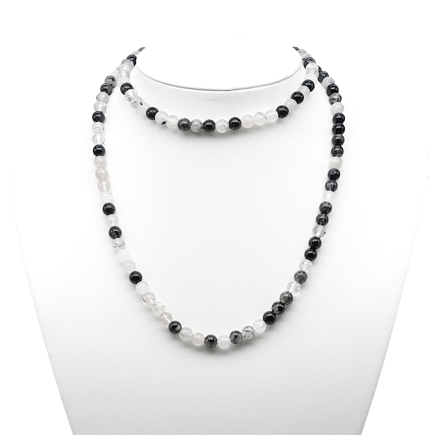 Collier sautoir 75 cm Quartz tourmaline 6 mm avec fermoir en acier inoxydable argenté - Foliesbijoux