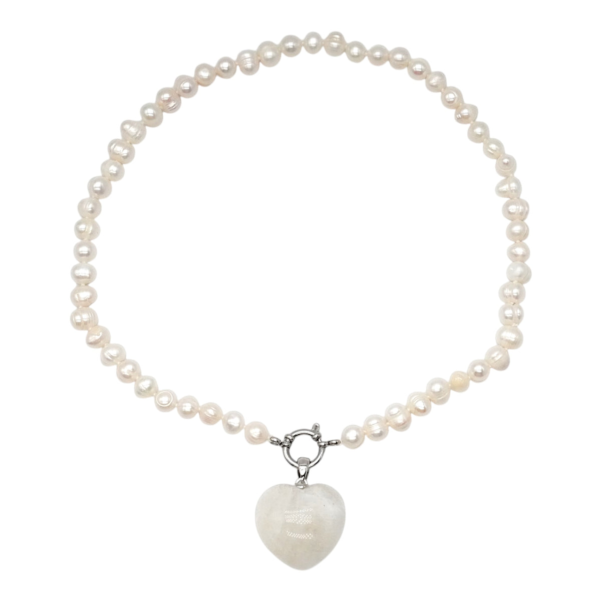 7-8mm Freshwater Pearl Necklace, Silver-Plated Stainless Steel Bead, with Heart-Shaped Moonstone Pendant (Interchangeable)