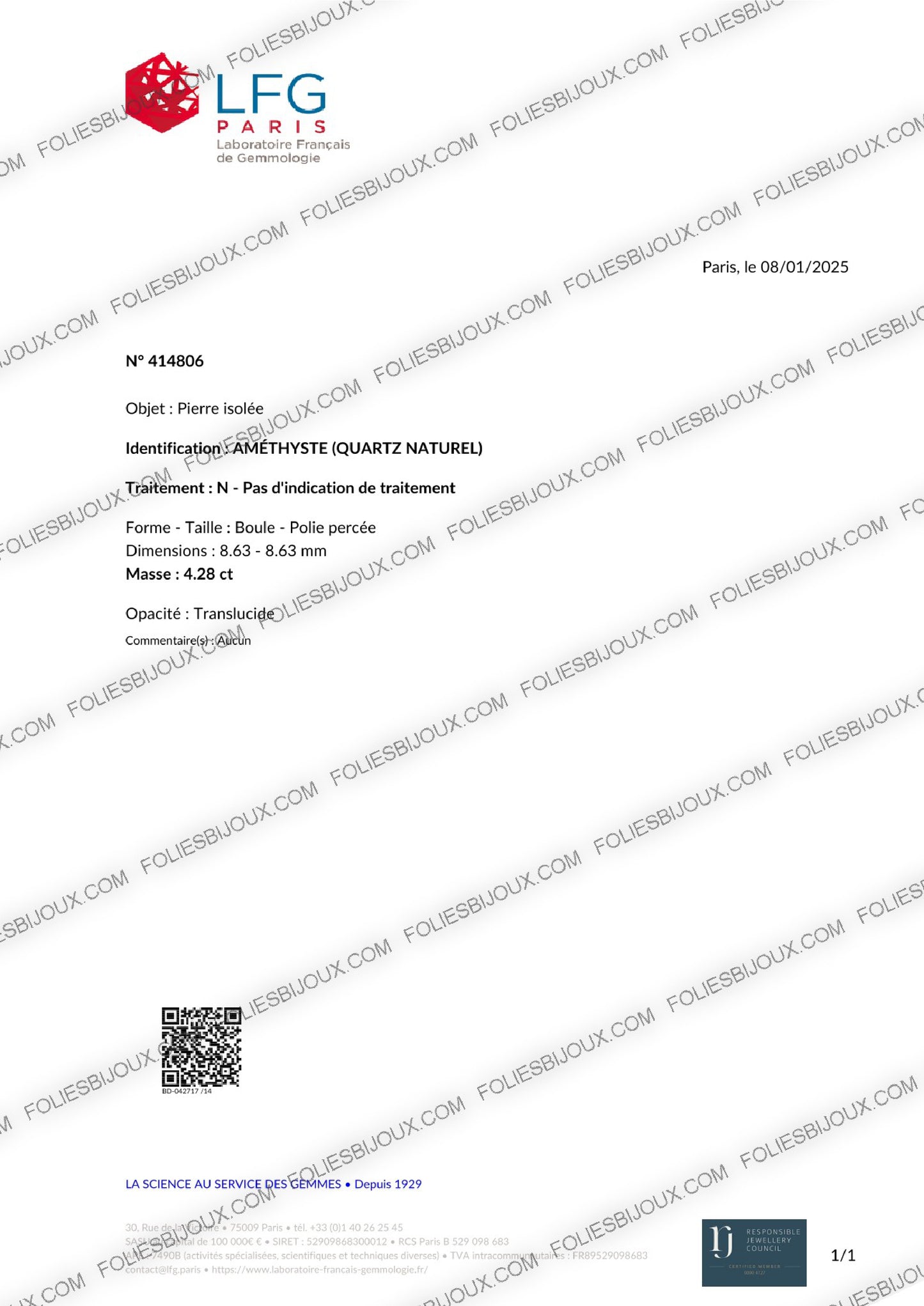 Boule 14 mm améthyste non percé - Foliesbijoux