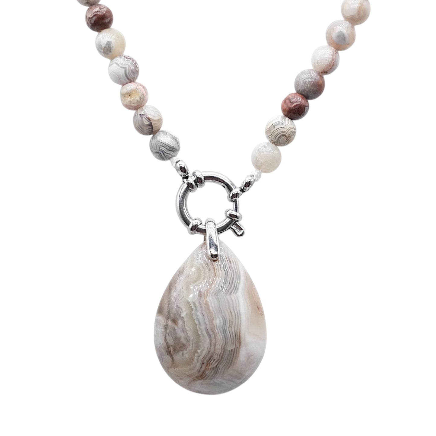 Collier boule en Agate crazy attache bouée en acier avec pendentif goutte 6mm - Foliesbijoux