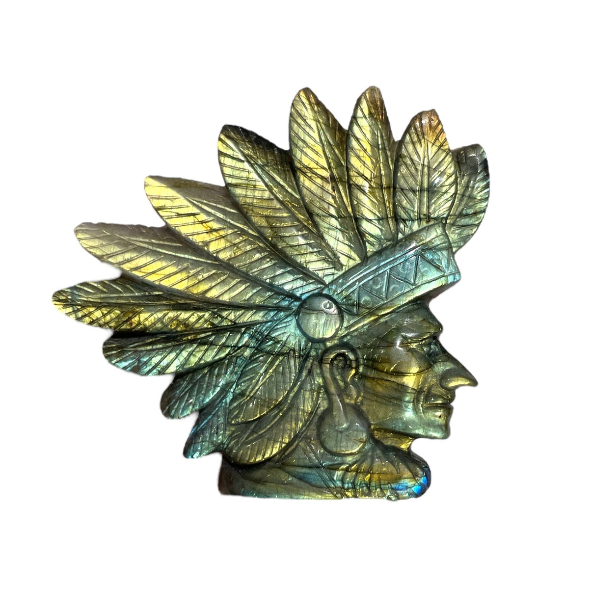 Figurine Tête d’indien en Labradorite pièce unique 8x8.5x2 cm numéro TI1 - Foliesbijoux