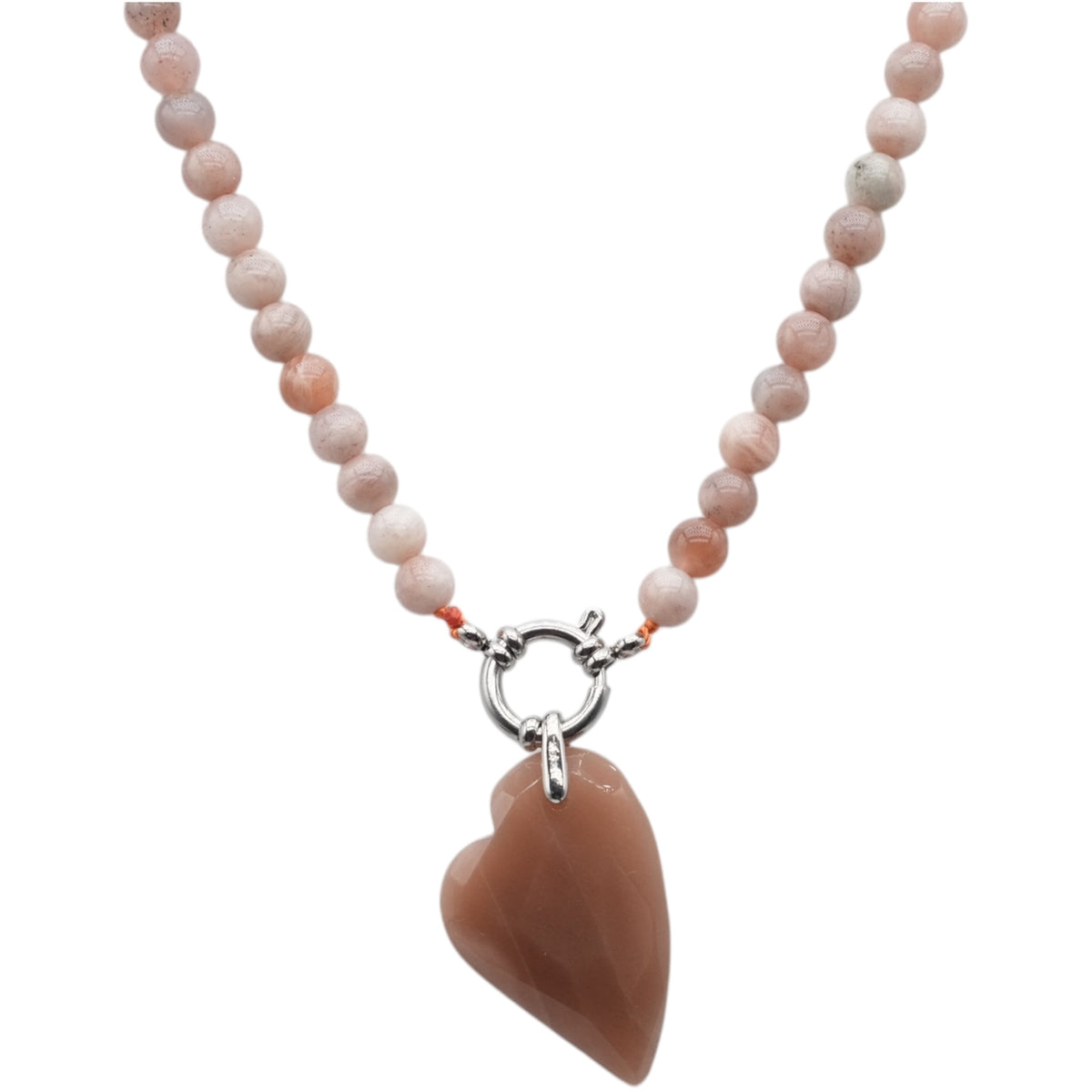 Collier boule 6 mm en Pierre de lune rose attache bouée en acier avec pendentif facetté coeur - Foliesbijoux