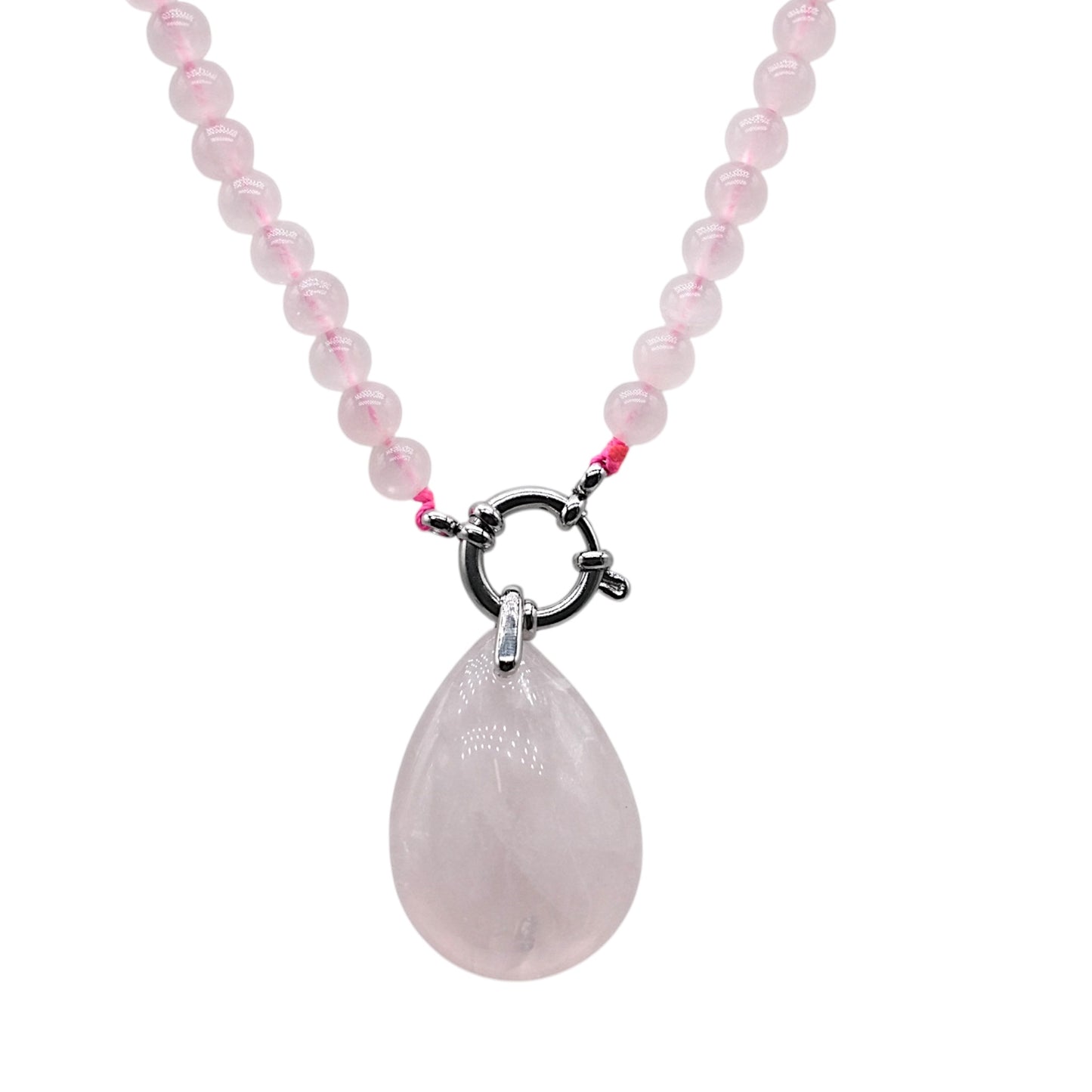 Collier boule en Quartz rose attache bouée en acier argenté avec pendentif - Foliesbijoux