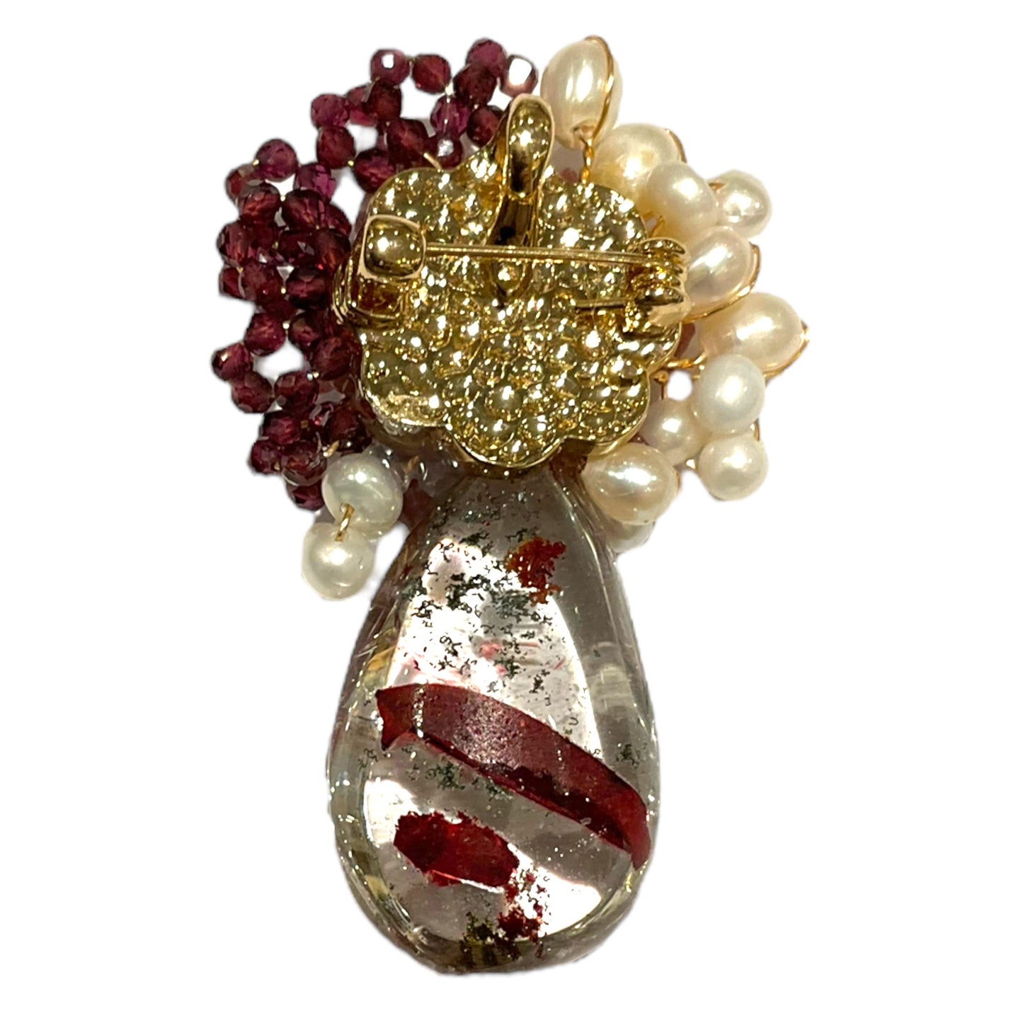 Broche en grenat, Quartz fantôme et perle de rivière (Exemplaire unique) - Foliesbijoux