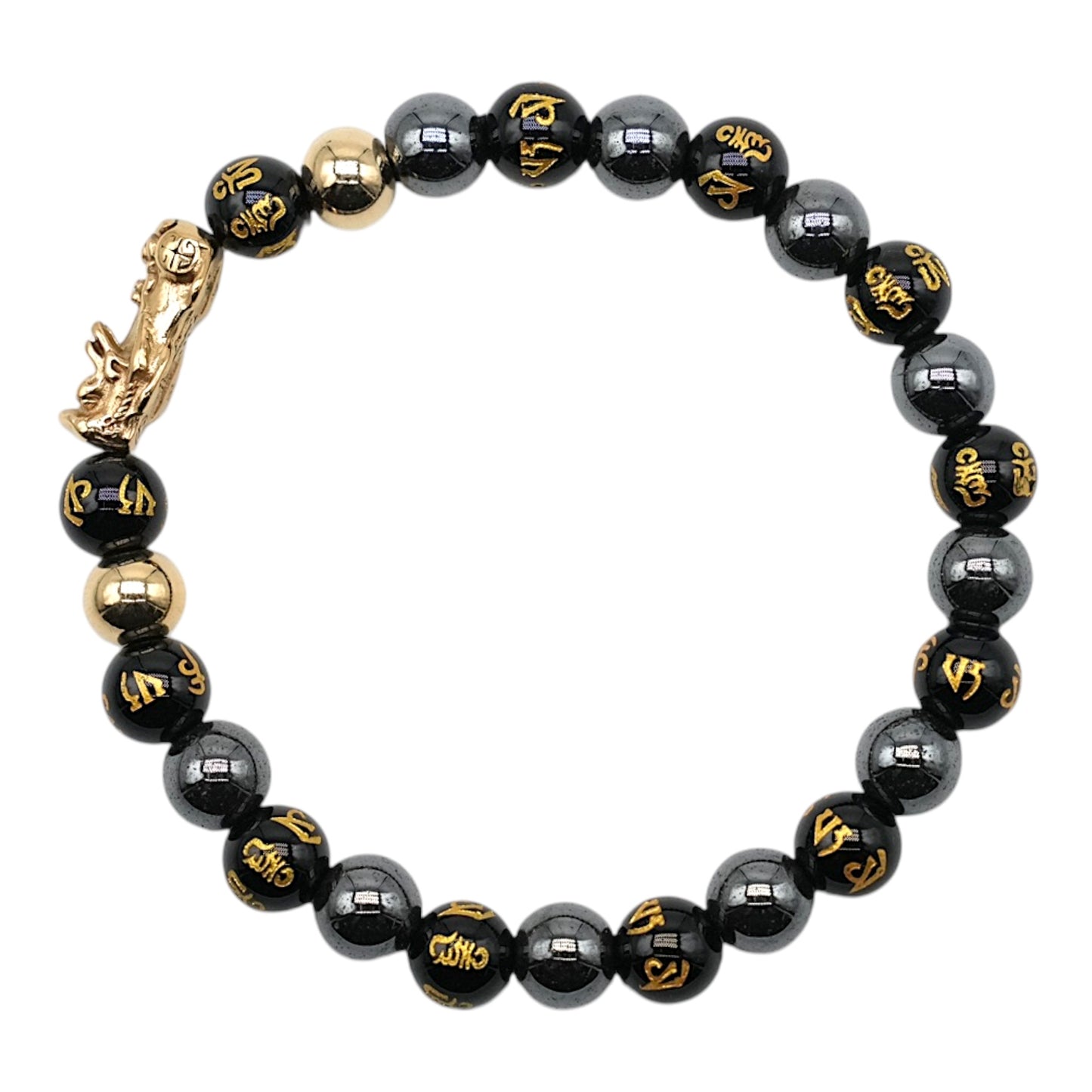 Bracelet Chance & prospérité, protection — Dragon Pixiu en acier inoxydable, obsidienne avec mantra tibétain & hématite - Foliesbijoux