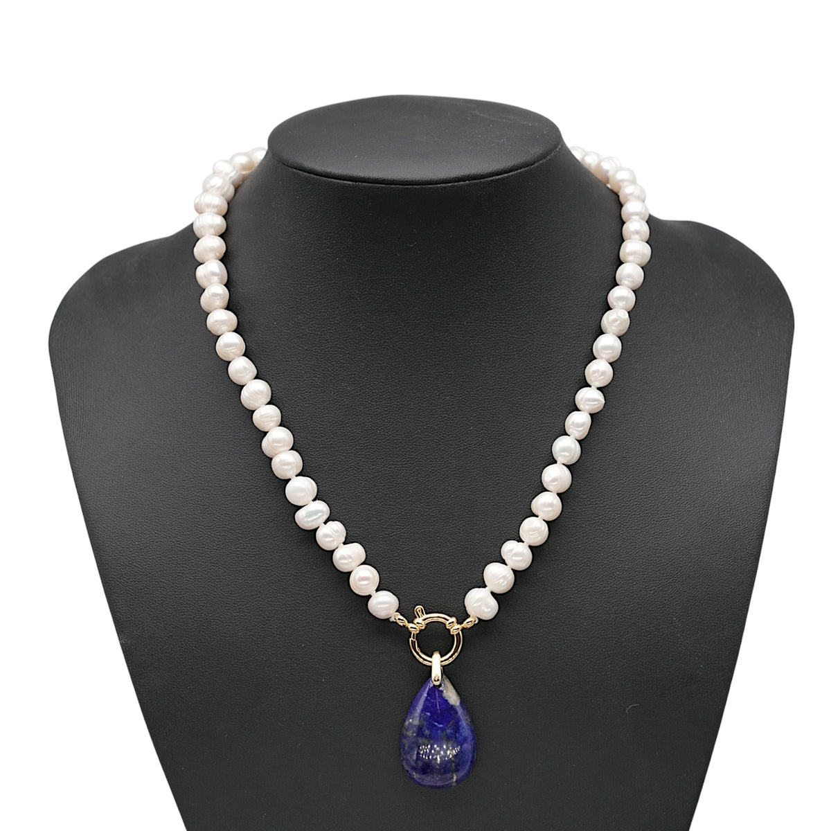 Collier perle d’eau douce 7-8 mm bouée en acier avec pendentif Lapis - Foliesbijoux