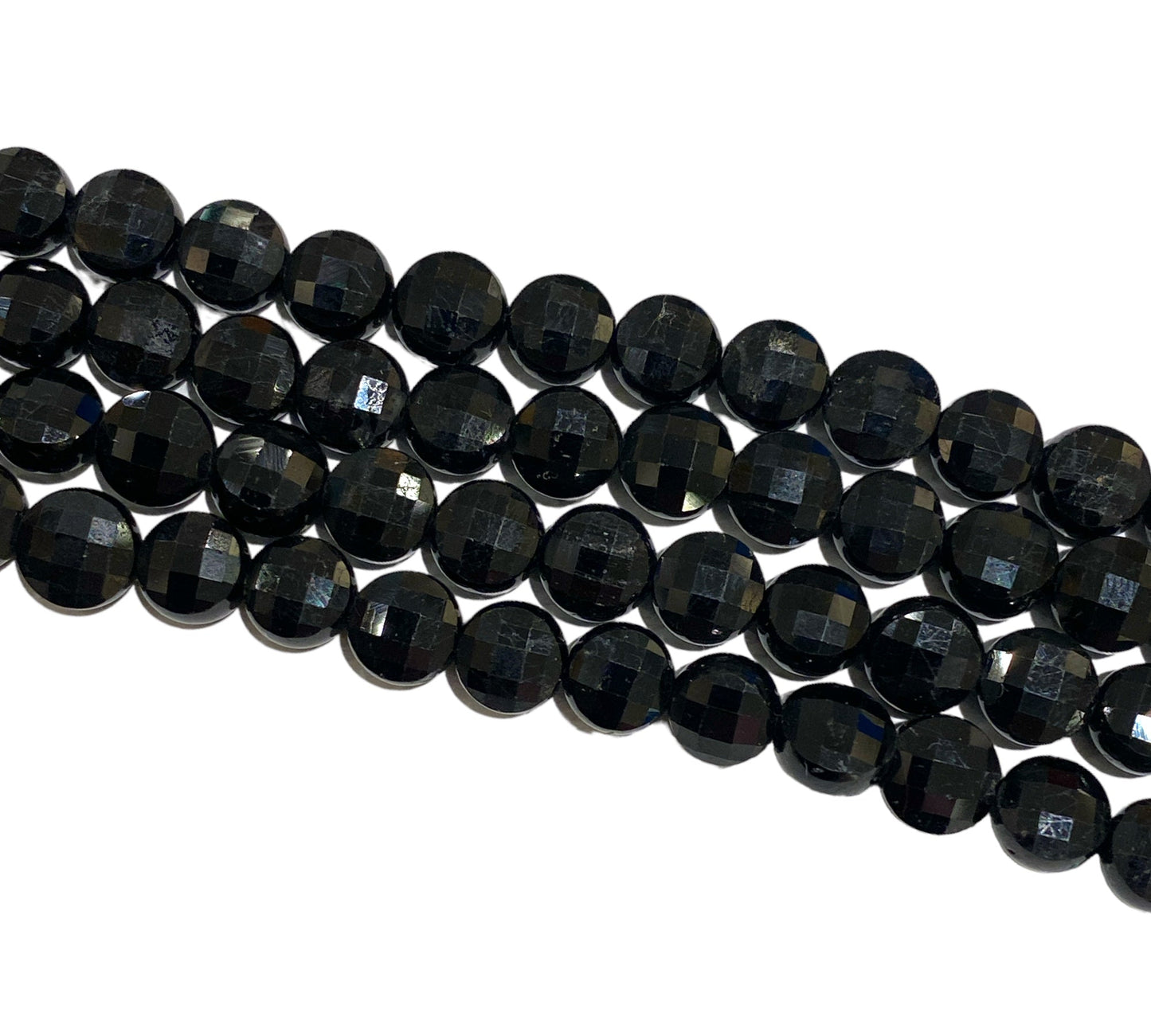 Fil de Tourmaline noire en rond plat facetté 6x6 - Foliesbijoux