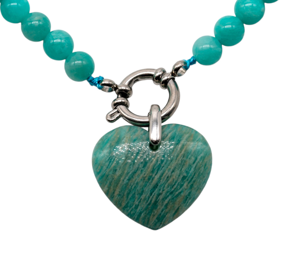 Collier boule en Amazonite du Perou A attache bouée en acier doré avec pendentif coeur - Foliesbijoux