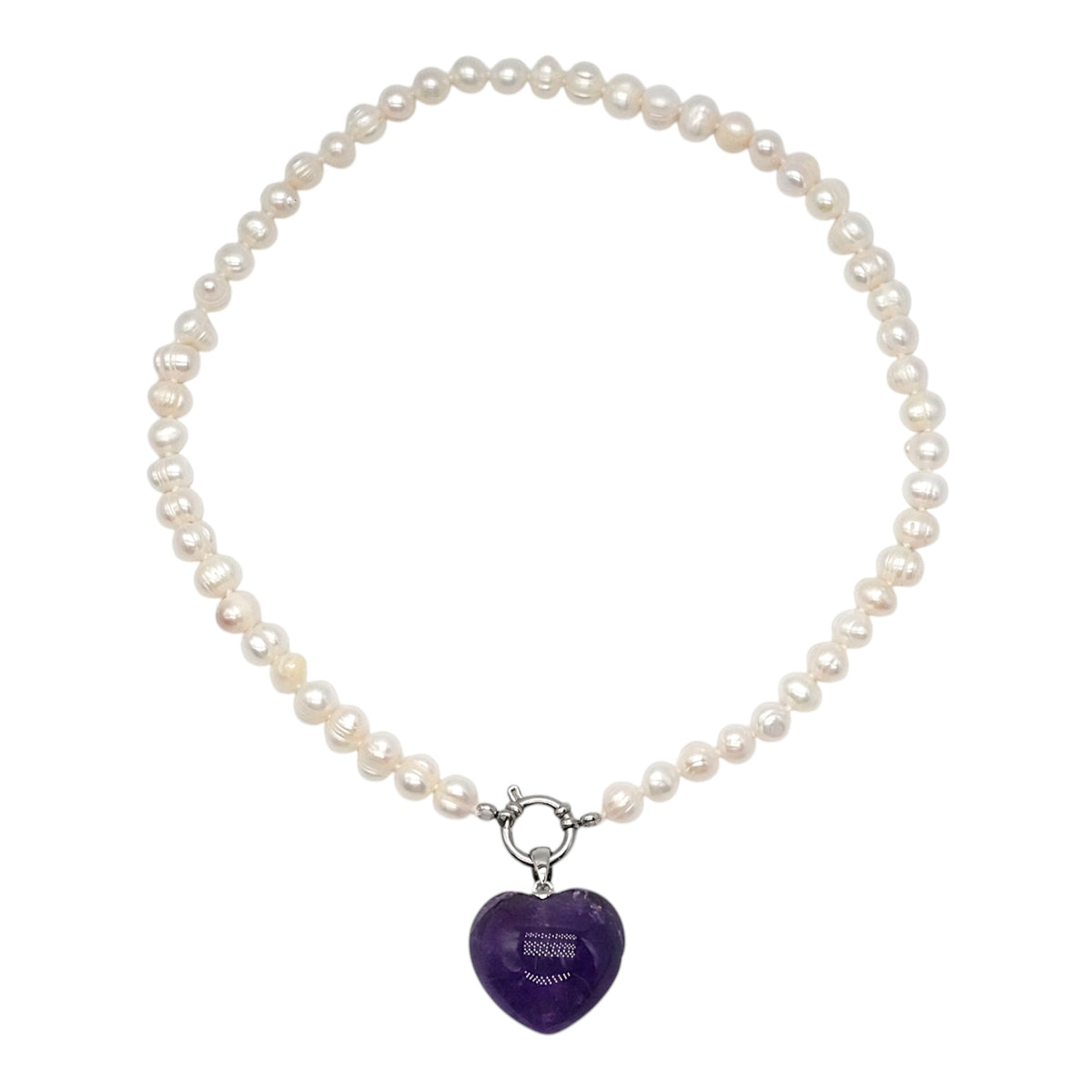 Collier pierre d’eau douce 7-8 mm bouée acier inoxydable argenté avec pendentif Améthyste forme cœur (interchangable)