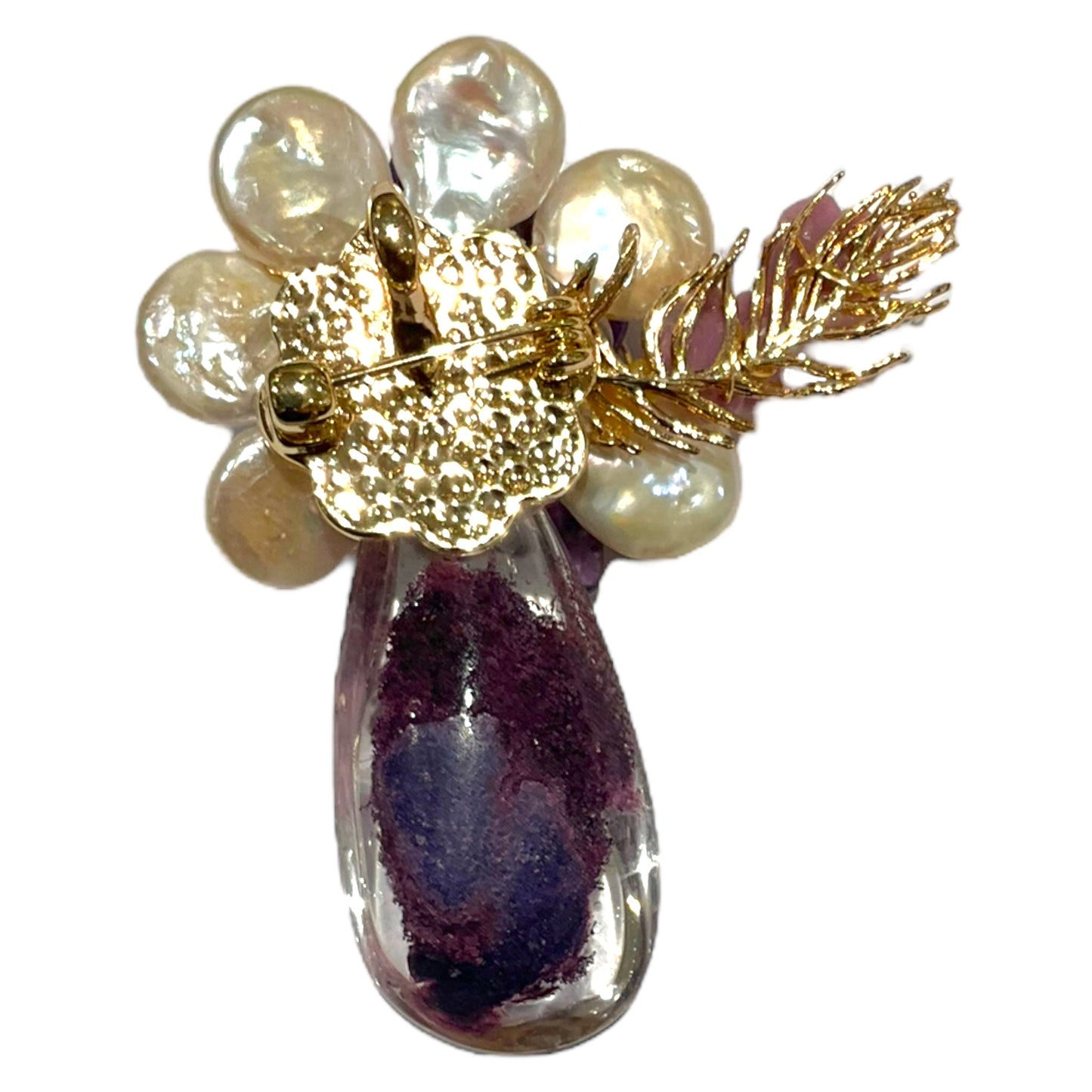 Broche fleurie en améthyste, lodolite et perle de rivière (Exemplaire unique) - Foliesbijoux