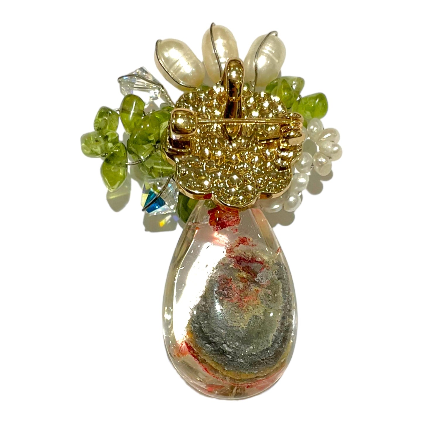 Broche fleurie en Péridot, Quartz fantôme et perle de rivière (Exemplaire unique) - Foliesbijoux