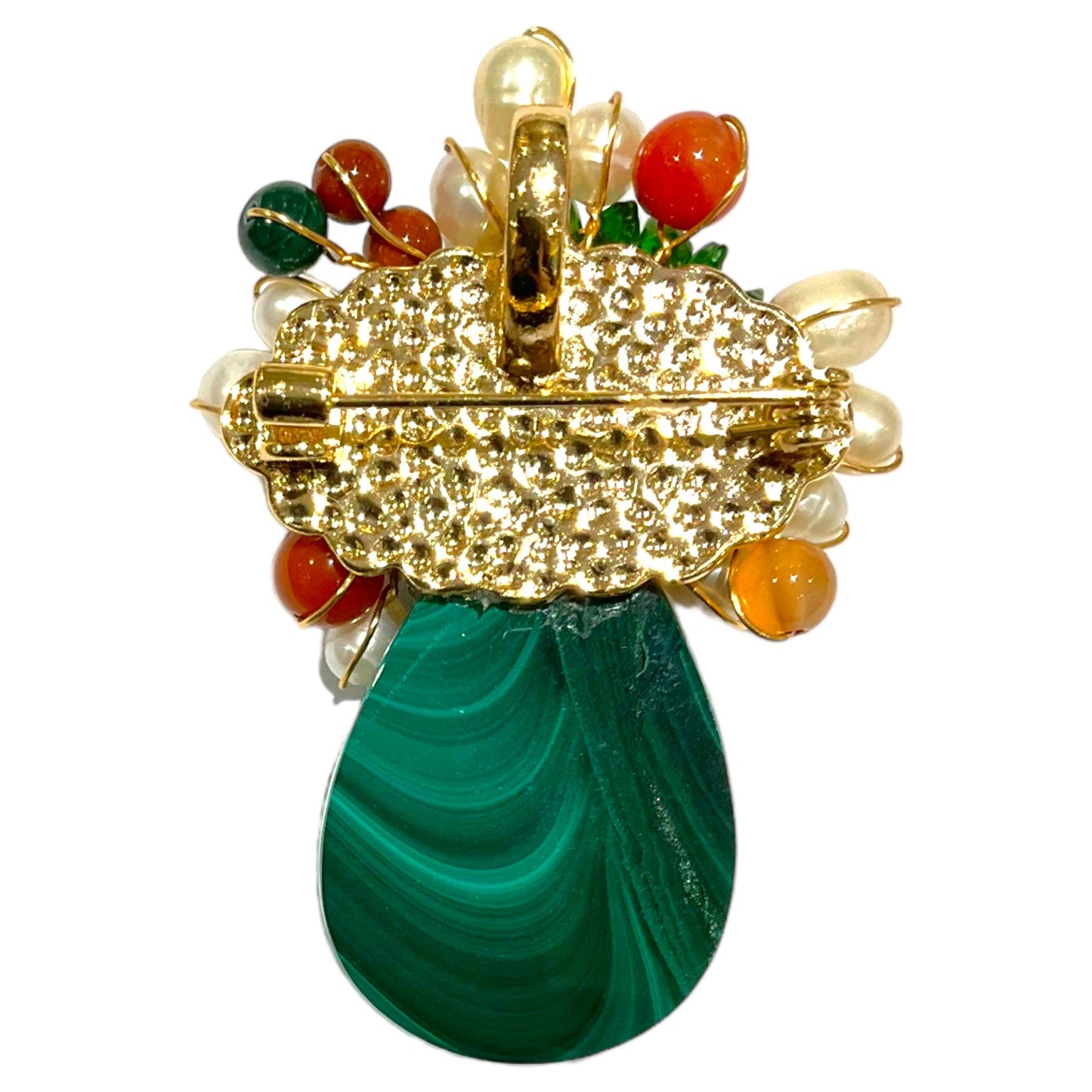 Broche fleurie en malachite et perle de rivière (Exemplaire unique) - Foliesbijoux