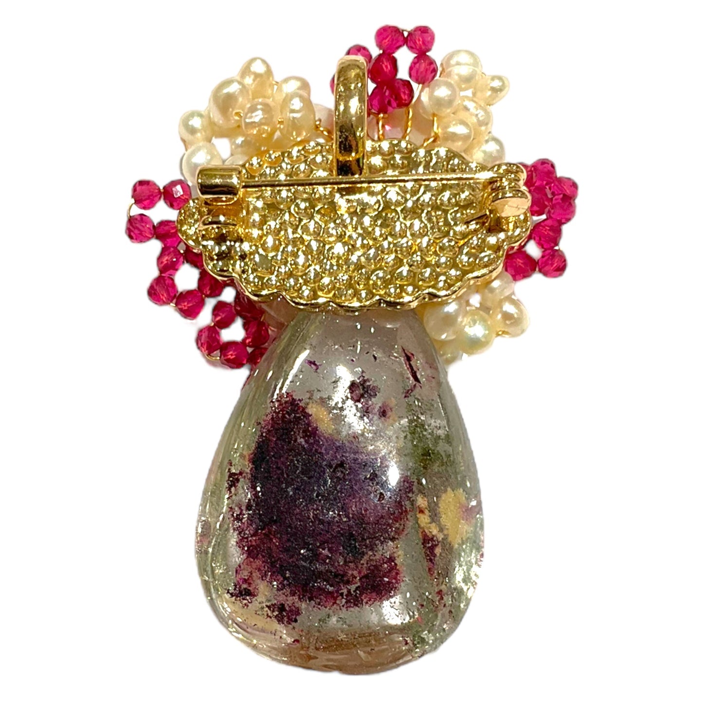 Broche fleurie en Rubis, Quartz fantôme et perle de rivière (Exemplaire unique) - Foliesbijoux
