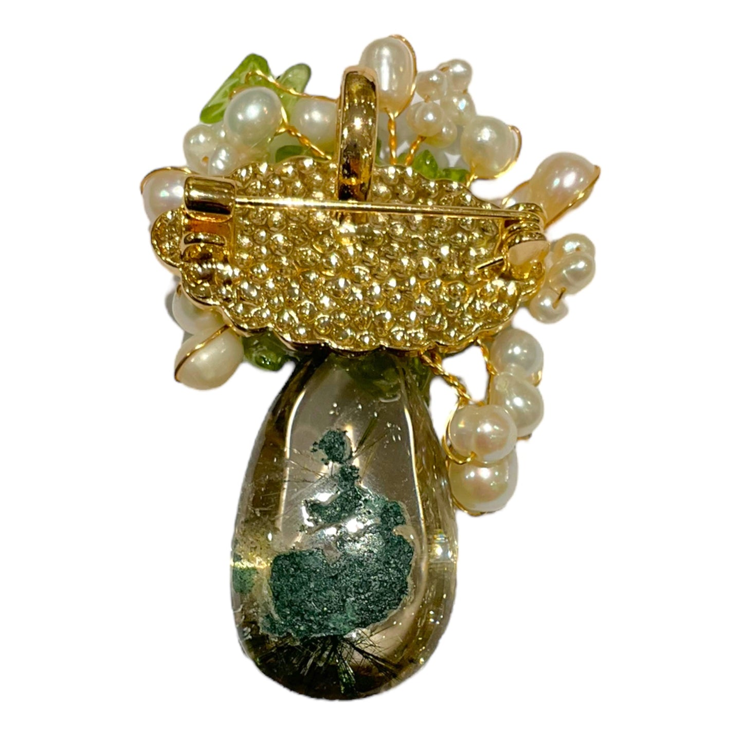 Broche en péridot, Quartz fantôme et perle de rivière(Exemplaire unique) - Foliesbijoux