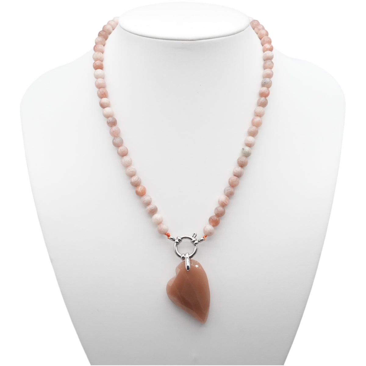 Collier boule 6 mm en Pierre de lune rose attache bouée en acier avec pendentif facetté coeur - Foliesbijoux
