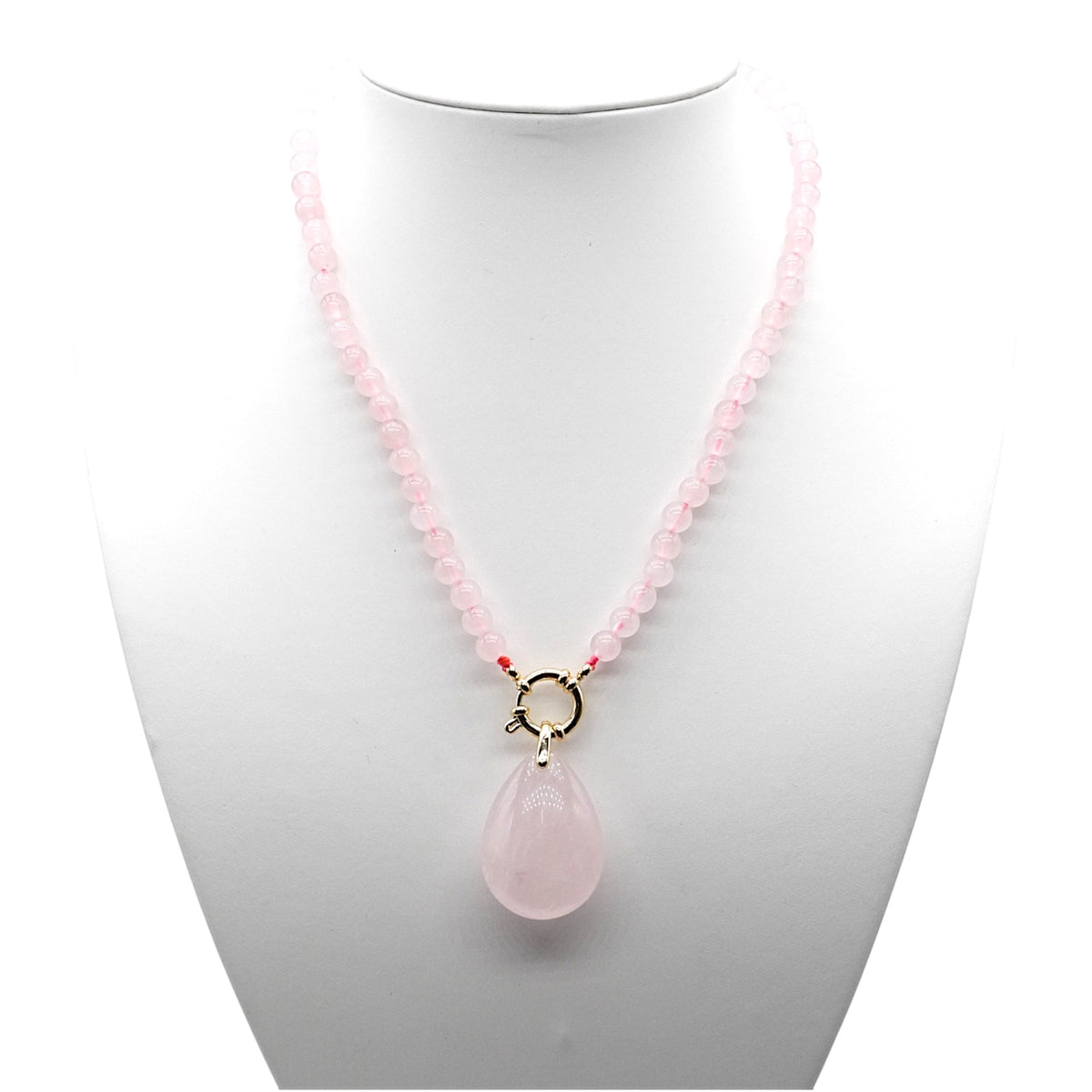Collier boule en Quartz rose attache bouée en acier doré avec pendentif - Foliesbijoux