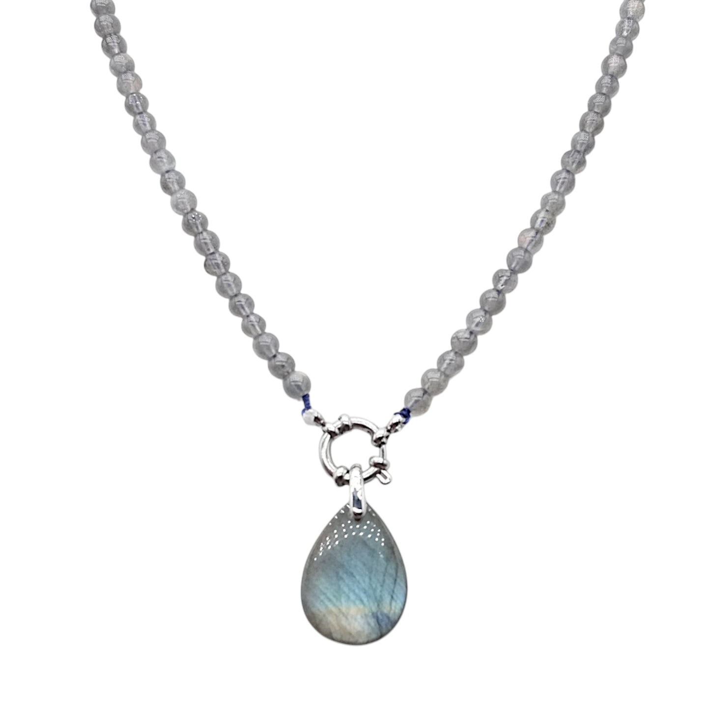 Collier boule en Labradorite attache bouée en acier argenté avec pendentif - Foliesbijoux
