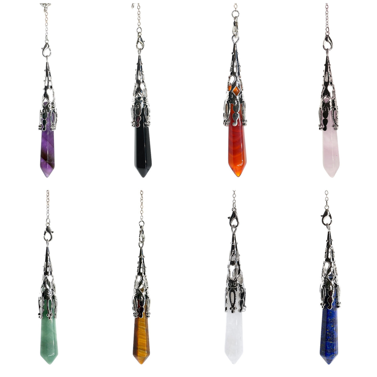 Pendule longue pointe (chaine en 7 chakras) (8 pierres disponible) RESTOCK
