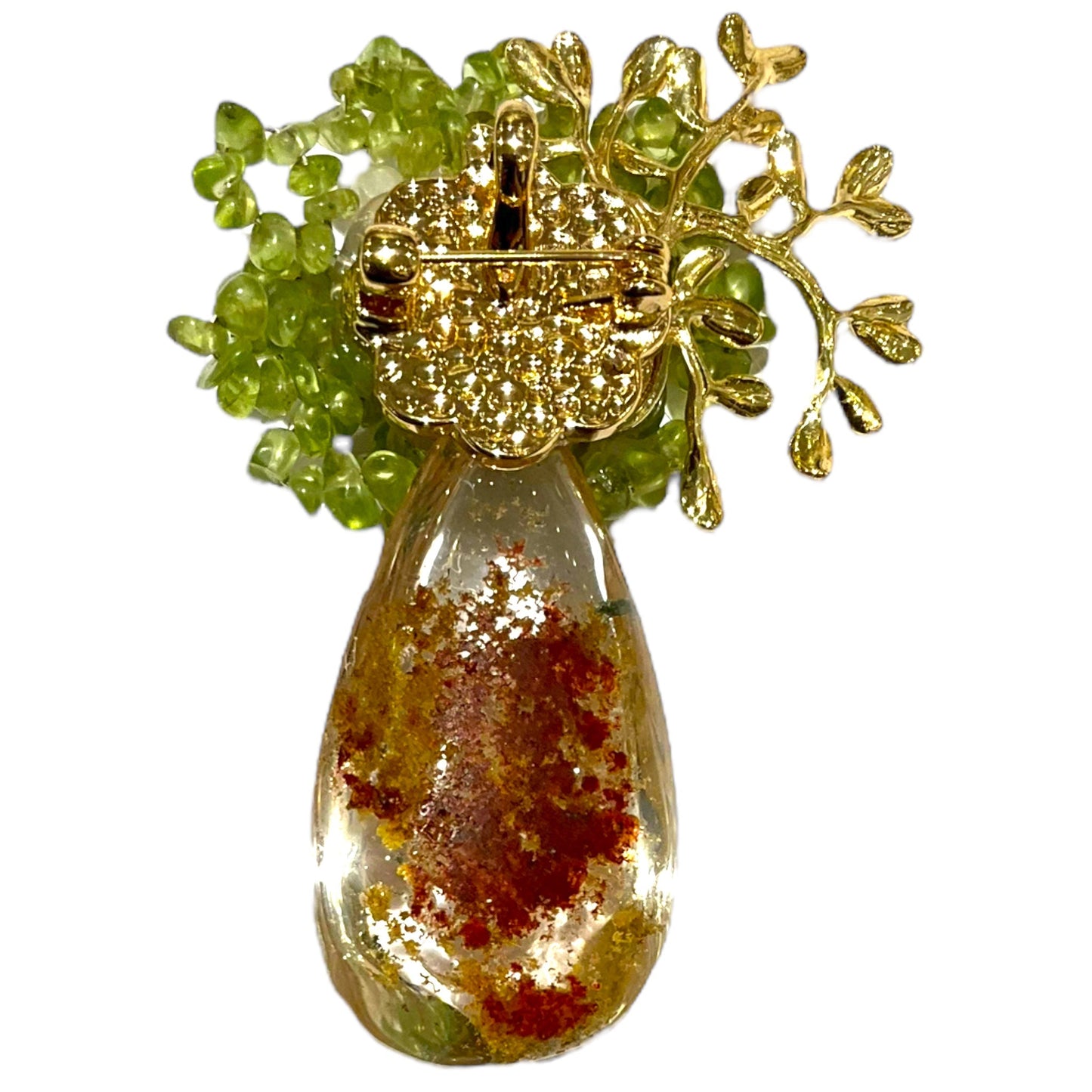 Broche fleurie en Péridot, Quartz fantôme et perle de rivière - Foliesbijoux