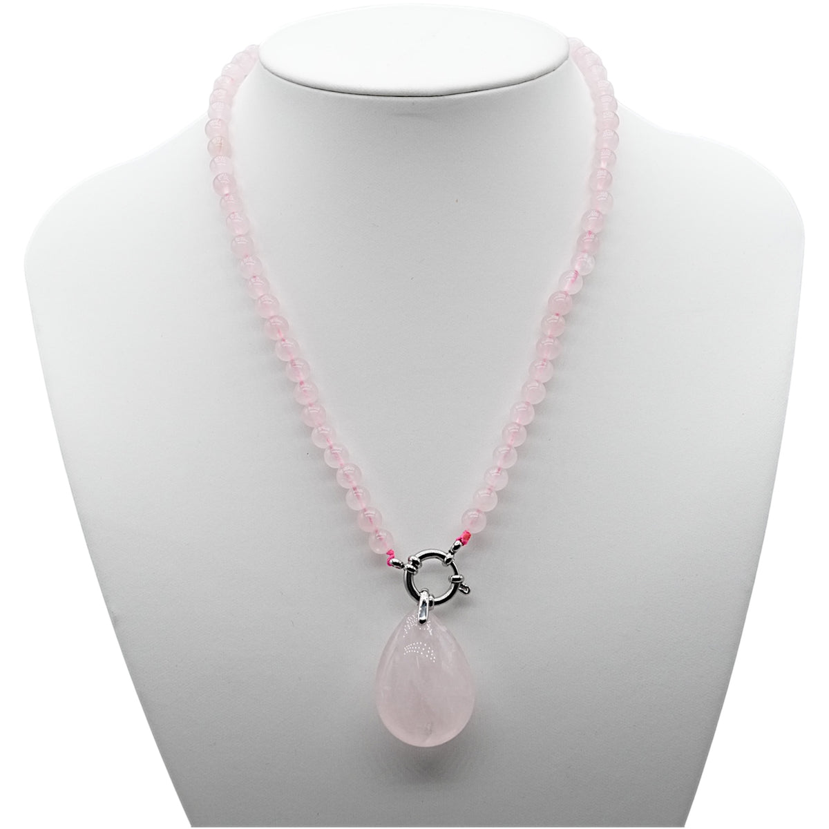 Collier boule en Quartz rose attache bouée en acier argenté avec pendentif - Foliesbijoux