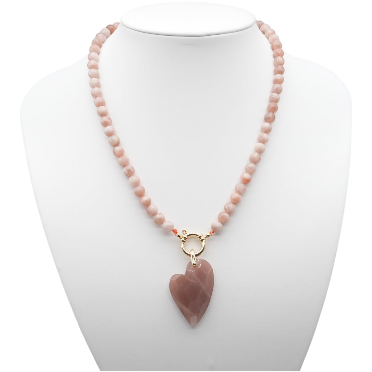 Collier boule 6 mm en Pierre de lune rose attache bouée en acier avec pendentif facetté coeur - Foliesbijoux