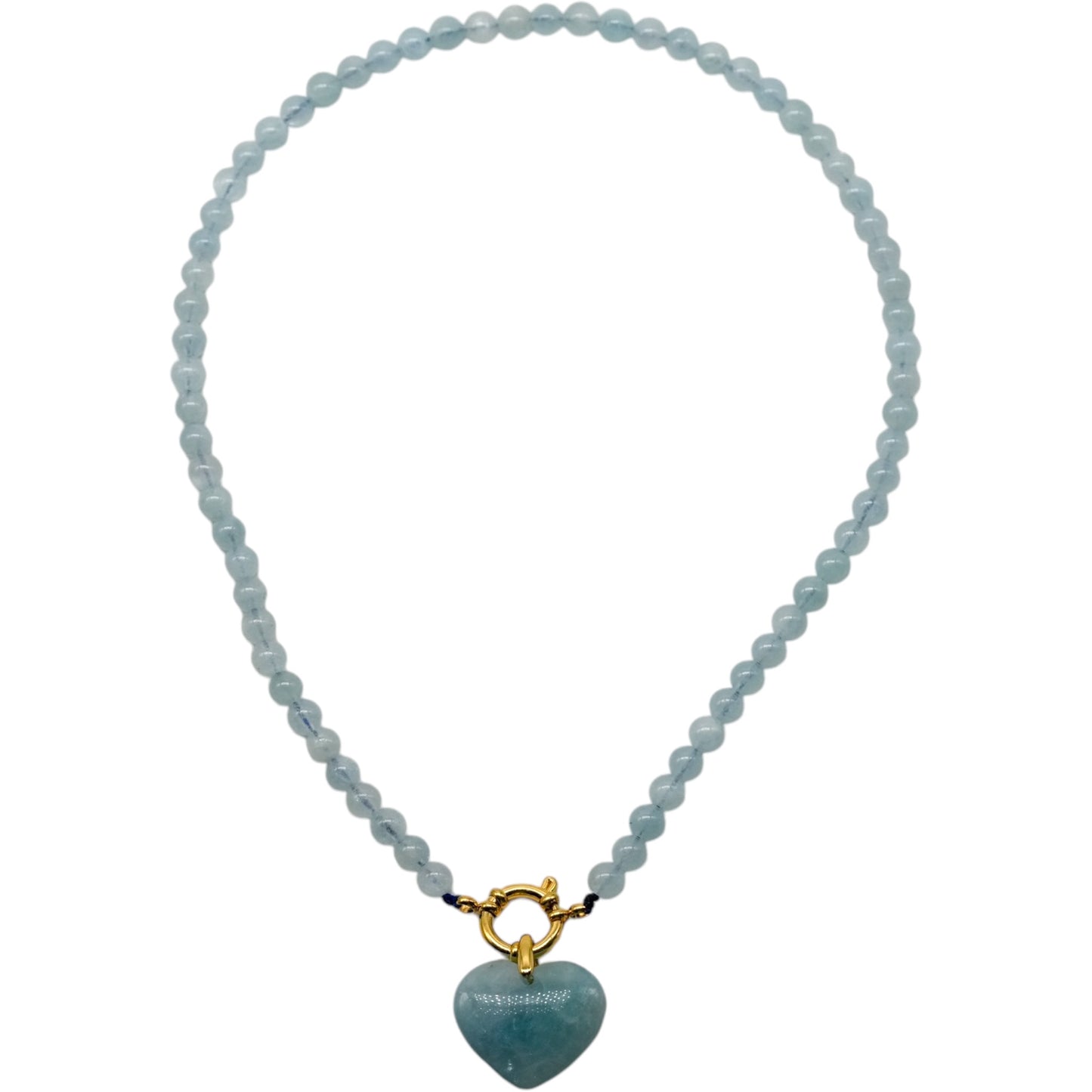 Collier en Aigue marine attache bouée en acier doré avec pendentif cœur - Foliesbijoux