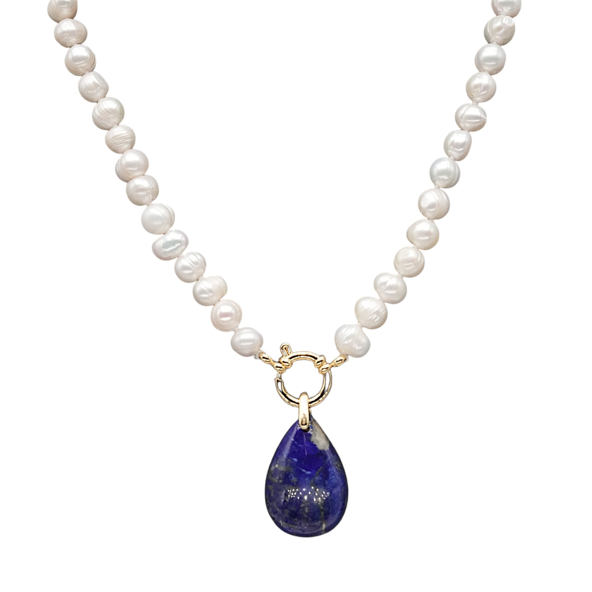 Collier perle d’eau douce 7-8 mm bouée en acier avec pendentif Lapis - Foliesbijoux