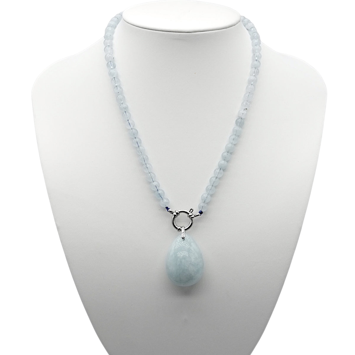 Collier boule en Aigue marine attache bouée en acier argenté avec pendentif - Foliesbijoux