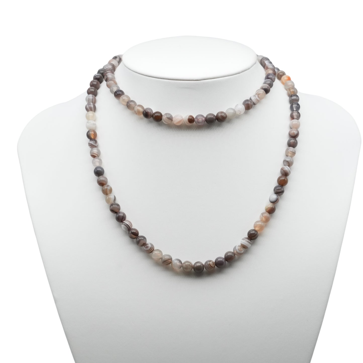 Collier sautoir 75 cm Agate du Botswana marron 6 mm avec fermoir en acier inoxydable argenté - Foliesbijoux