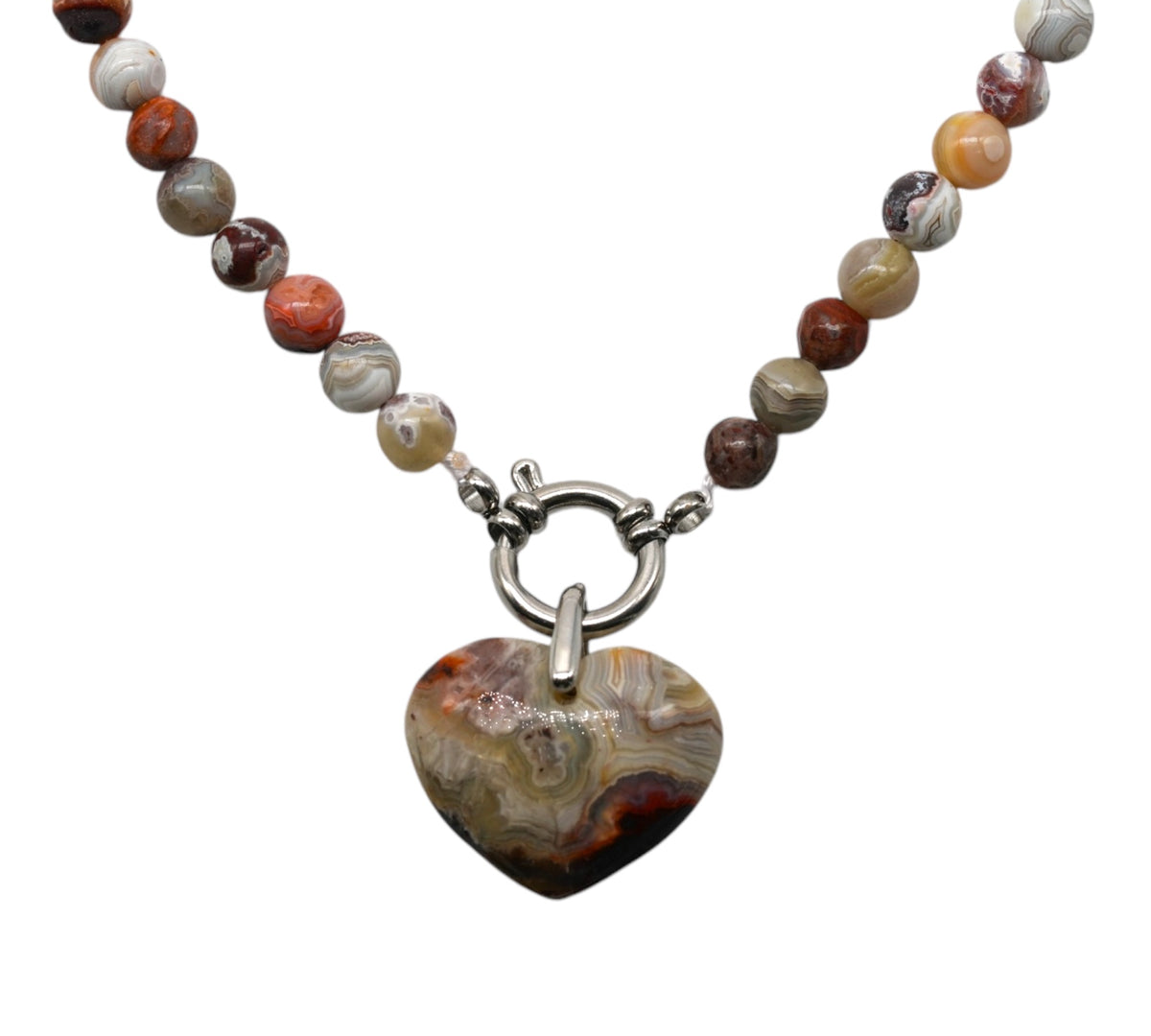 Collier boule en Agate crazy attache bouée en acier avec pendentif coeur 6mm - Foliesbijoux