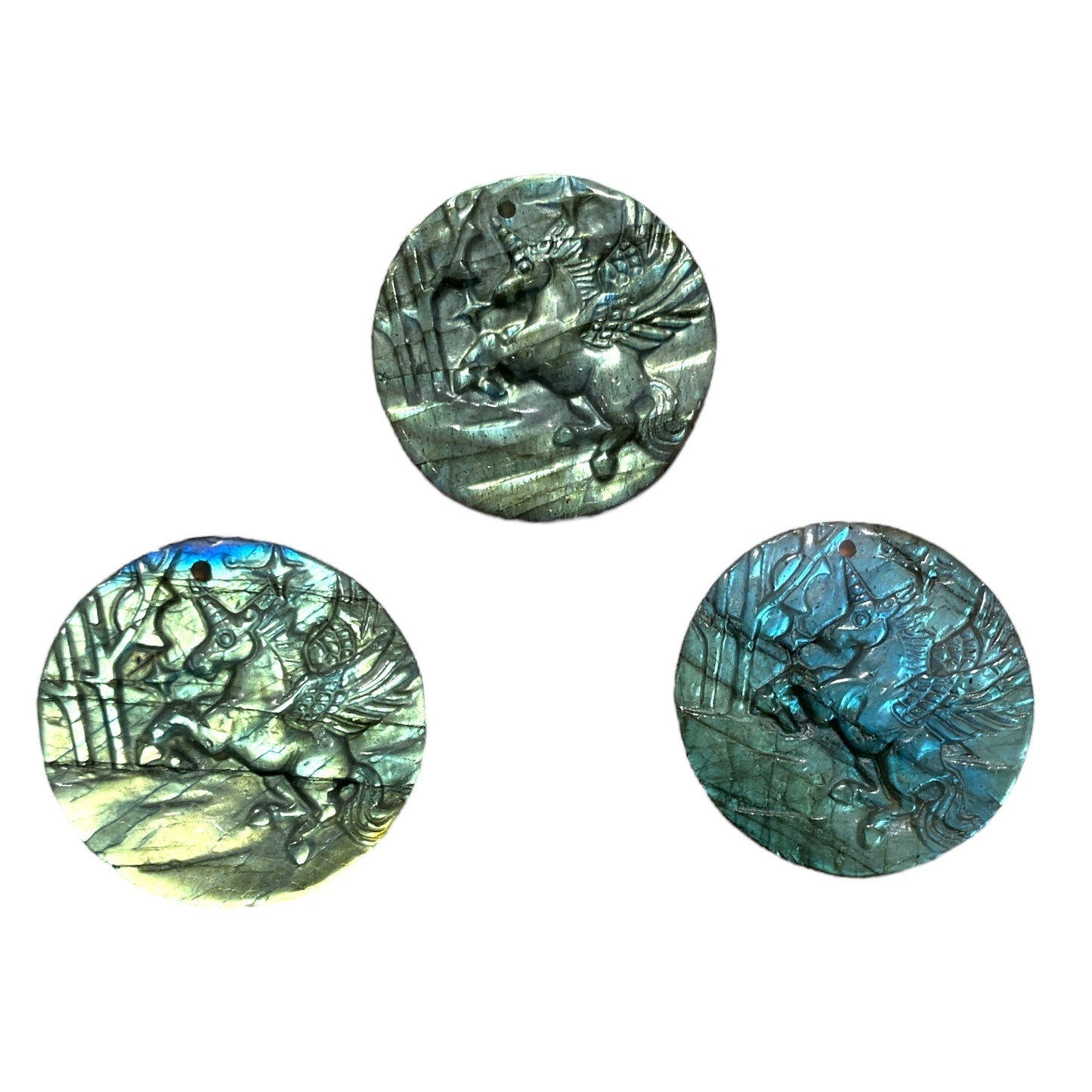 Pendentif plat Labradorite licorne dans une forêt percé devant - Foliesbijoux