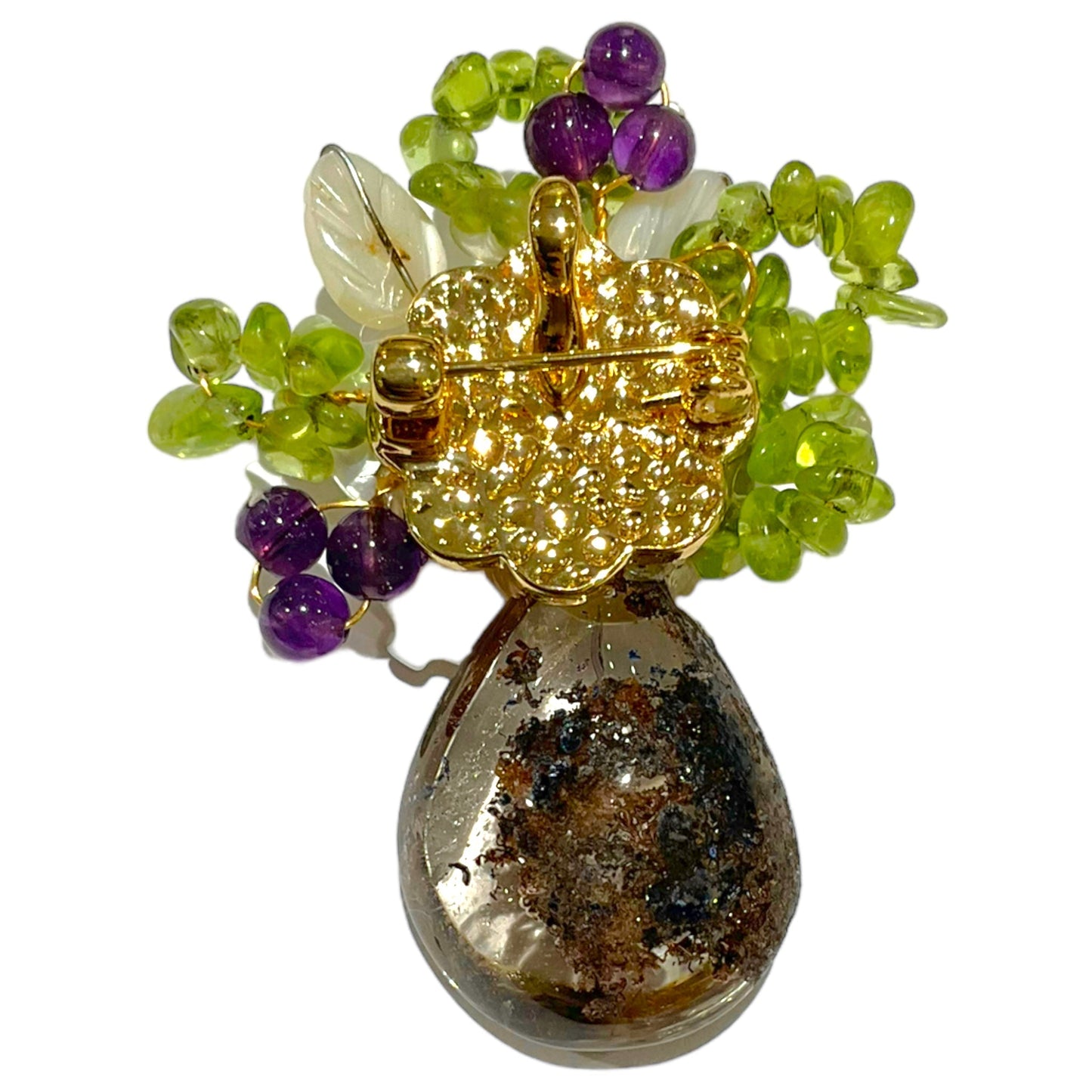 Broche fleurie en quartz fantôme, péridot, améthyste et perle de rivière (Exemplaire unique) - Foliesbijoux