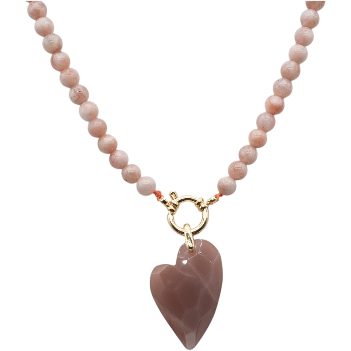 Collier boule 6 mm en Pierre de lune rose attache bouée en acier avec pendentif facetté coeur - Foliesbijoux