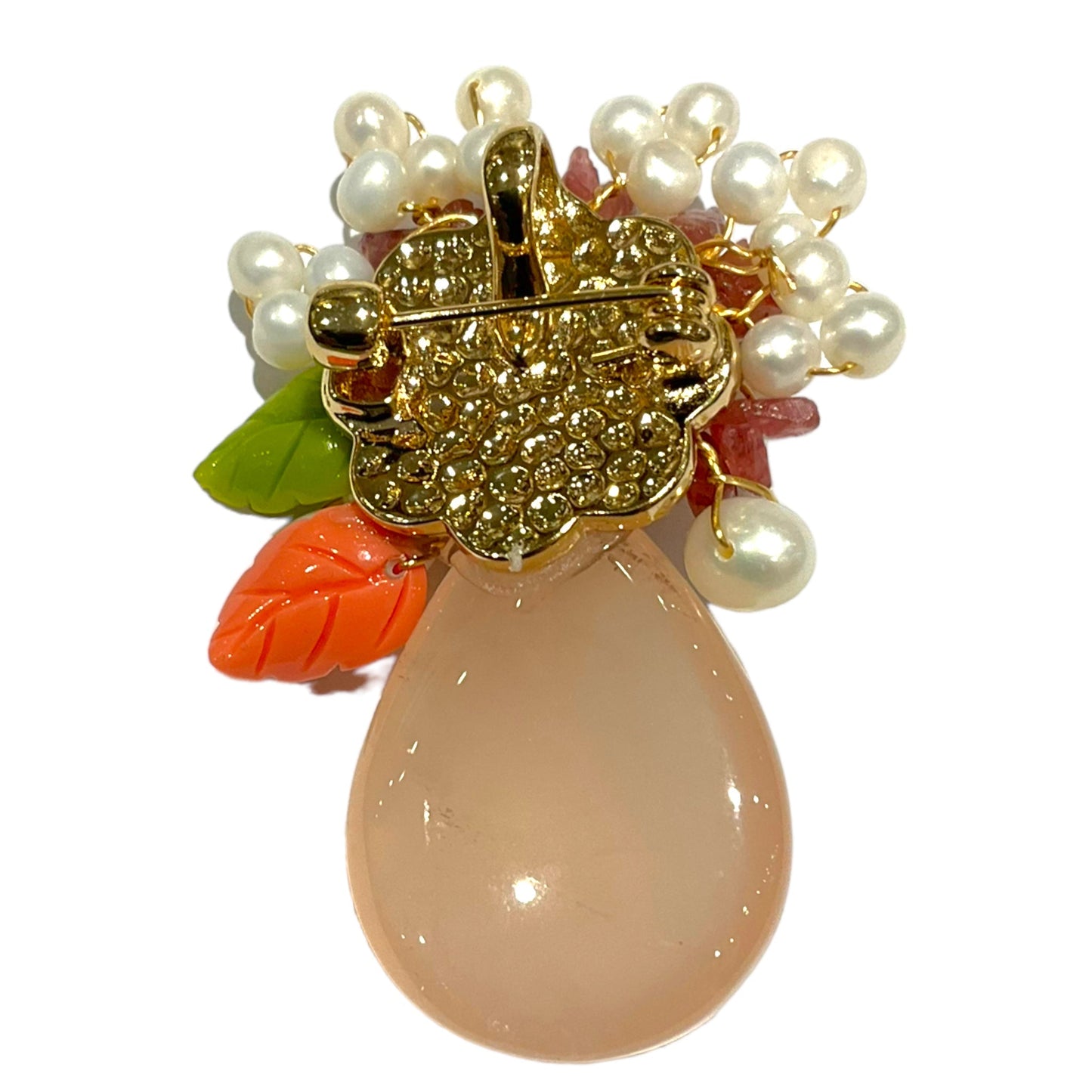 Broche fleurie en quartz rose, améthyste & perle de rivière (Exemplaire unique) - Foliesbijoux