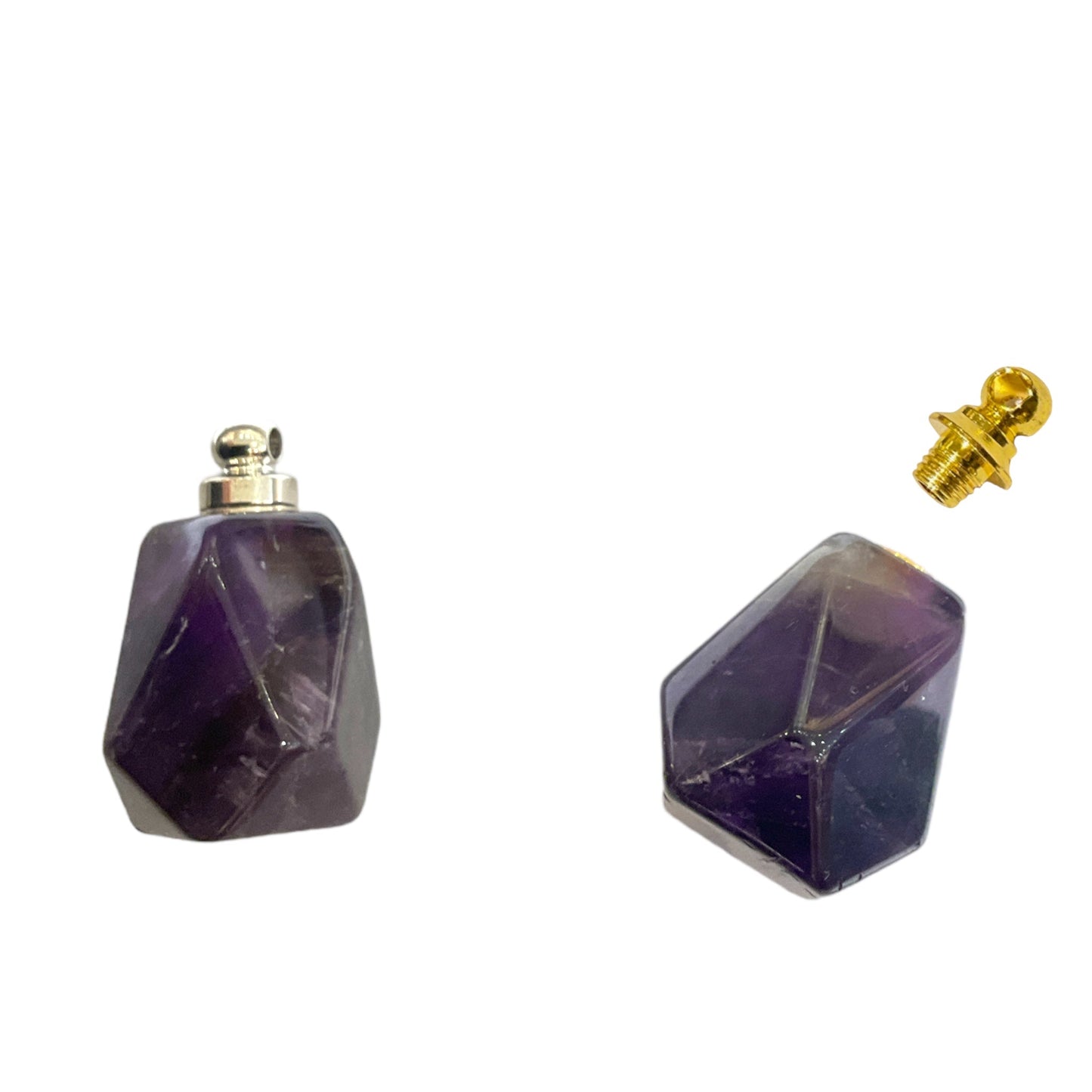 Pendentif fiole Améthyste & acier en forme facetté pour huile essentielle/parfum - Foliesbijoux