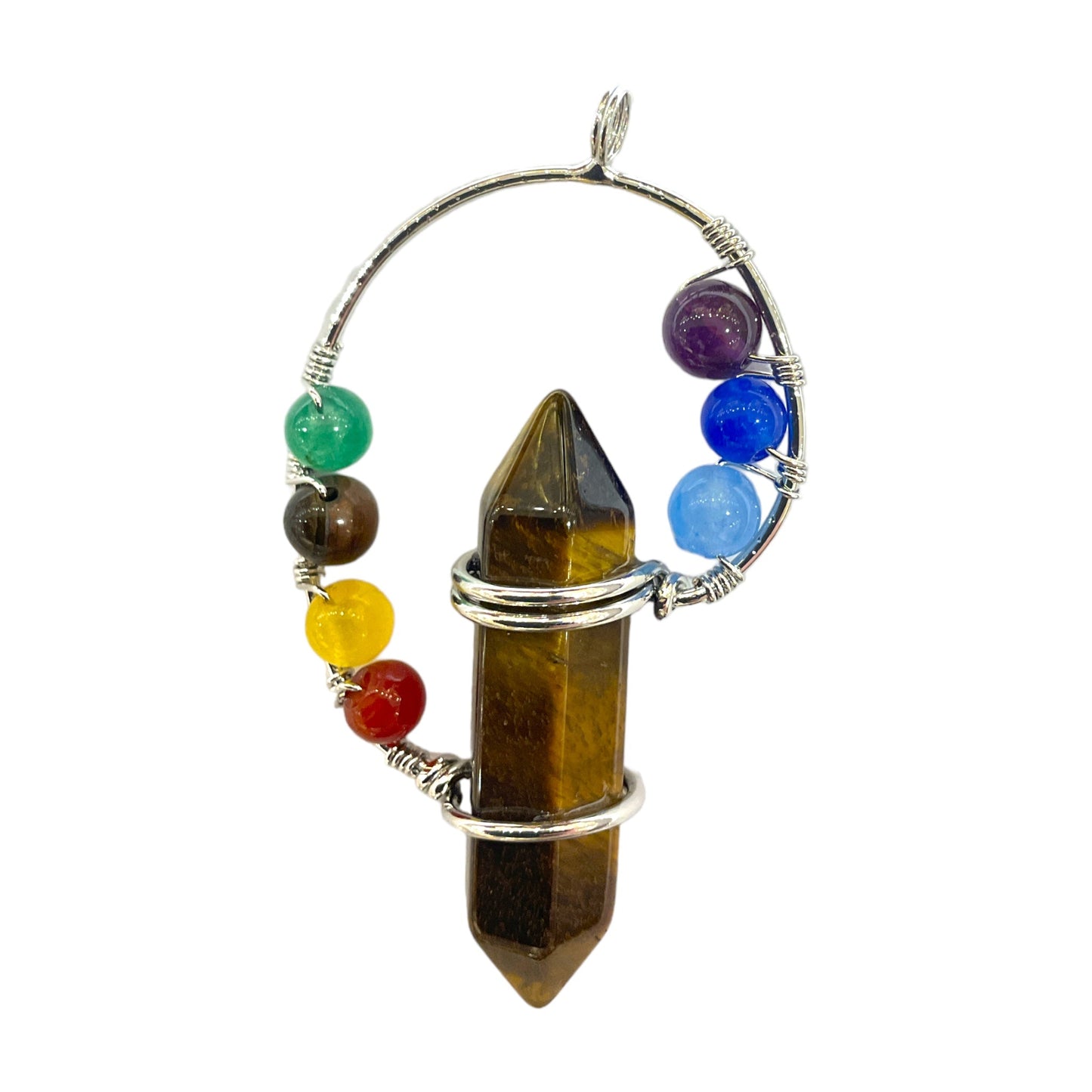 Pendentif Spirale d’or oeil de tigre et 7 chakras - Foliesbijoux