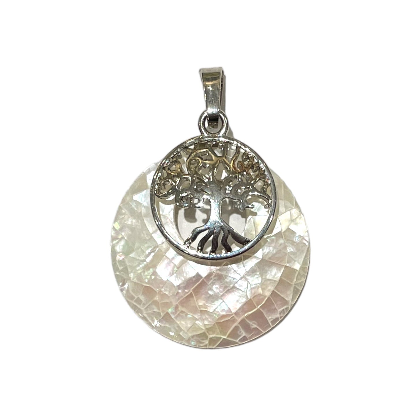 Pendentif arbre de vie nacre forme rond argenté - Foliesbijoux