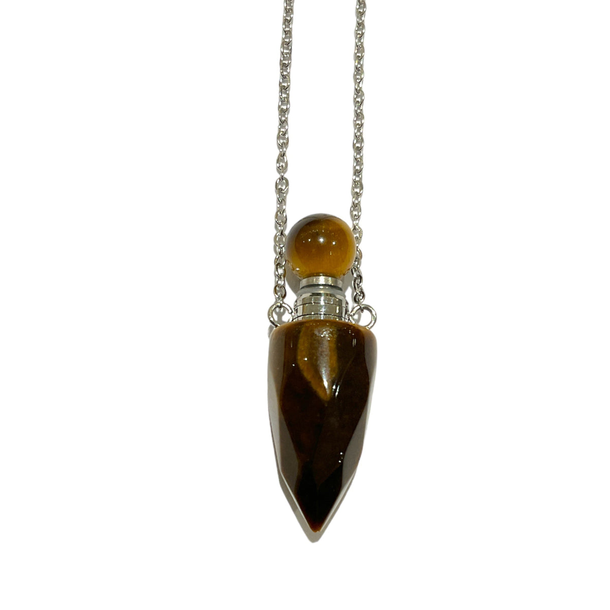 Collier fiole oeil de tigre pour huile essentiel/parfum - Foliesbijoux