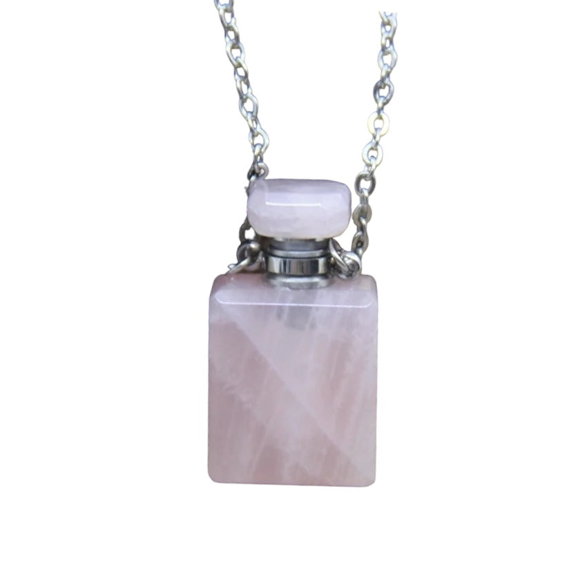 Collier fiole en quartz rose pour huile essentiel/parfum - Foliesbijoux
