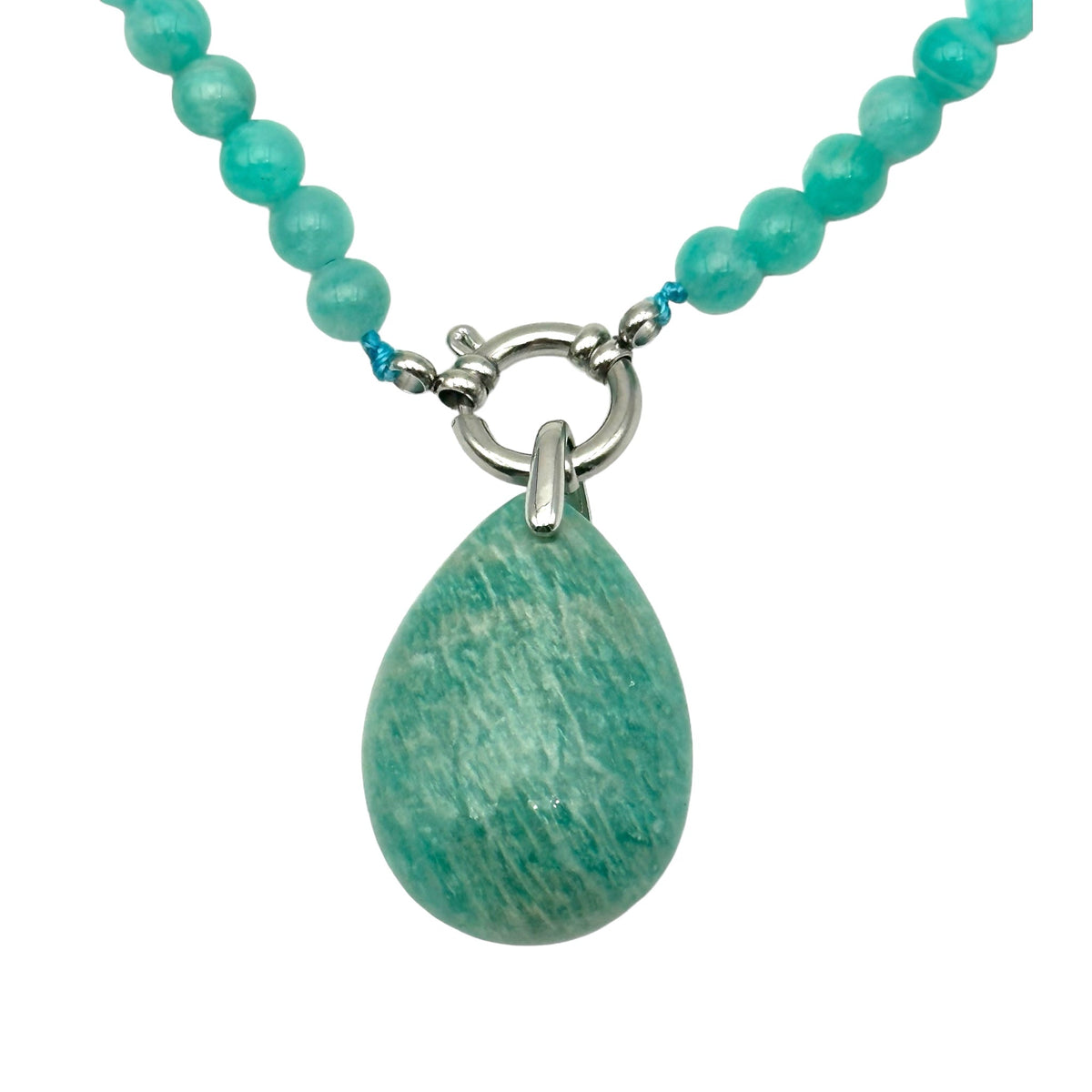 Collier boule en Amazonite du Perou A attache bouée en acier argenté avec pendentif - Foliesbijoux