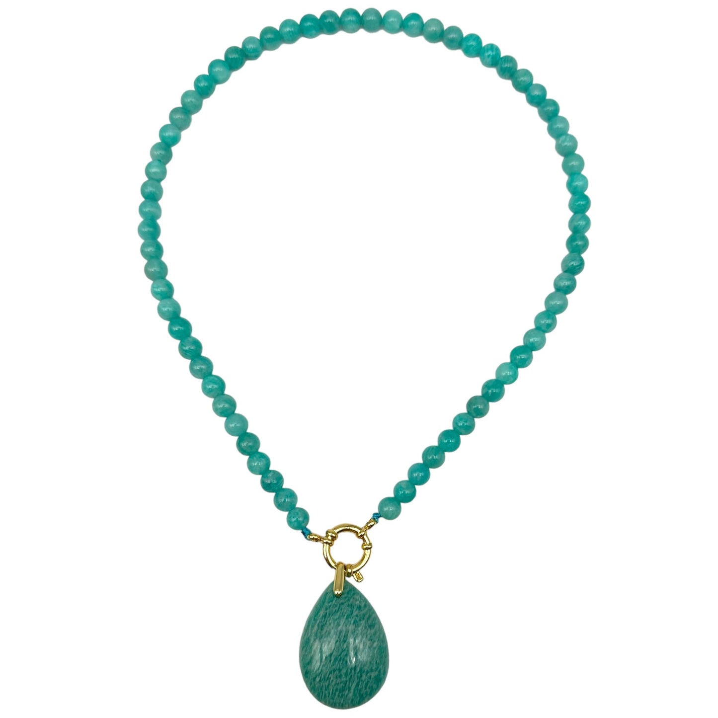 Collier boule en Amazonite du Perou A attache bouée en acier doré avec pendentif - Foliesbijoux