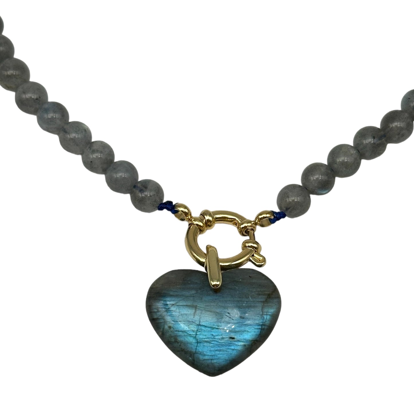 Collier boule en labradorite attache bouée en acier doré avec pendentif labradorite A - Foliesbijoux