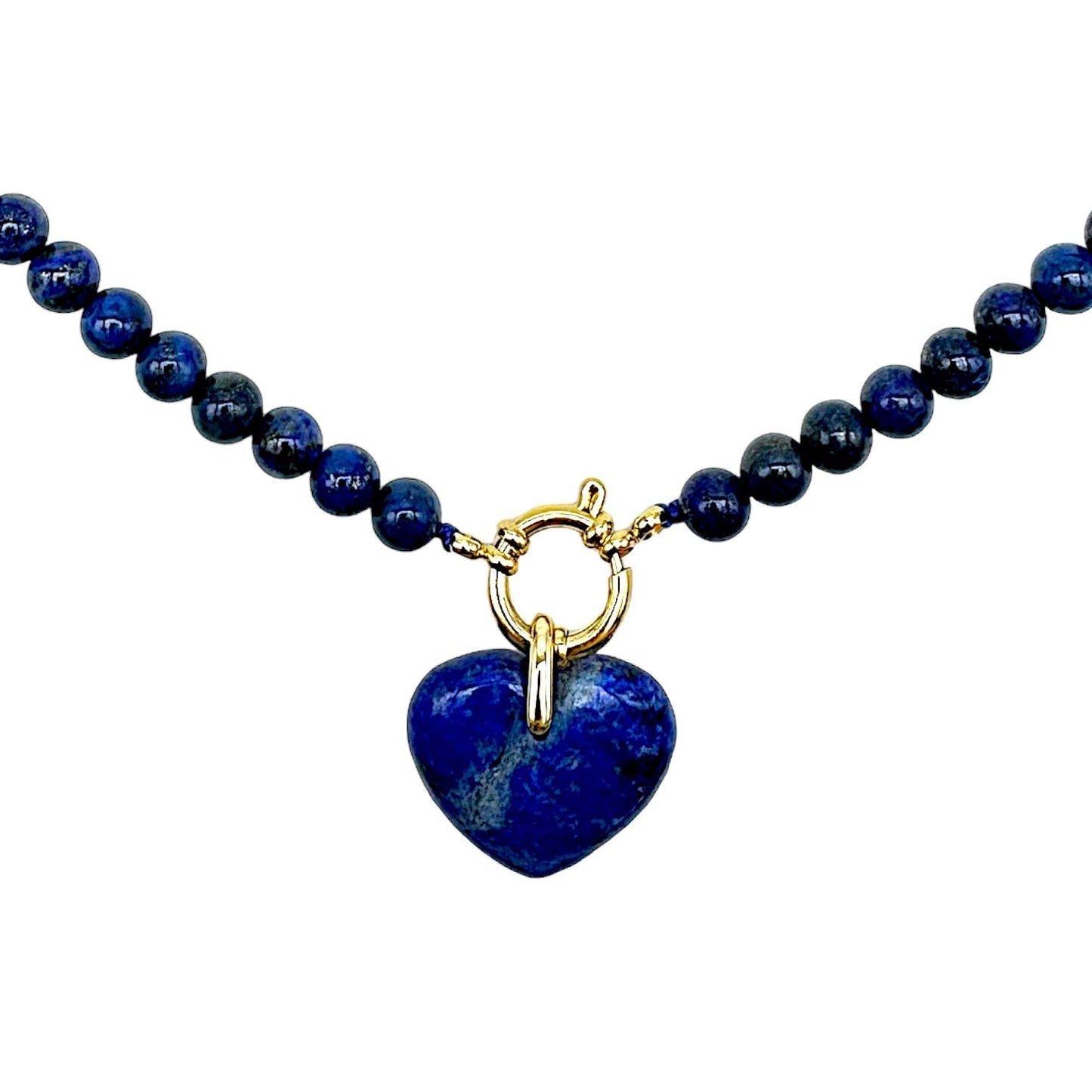 Collier en Lapis Lazuli attache bouée en acier argenté avec pendentif coeur - Foliesbijoux