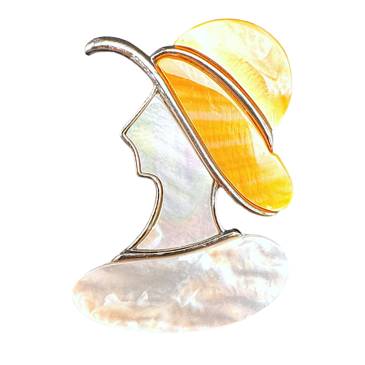 Broche dame au chapeau nacre dorée - Foliesbijoux