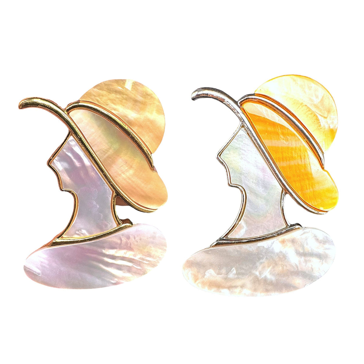 Broche dame au chapeau nacre dorée - Foliesbijoux