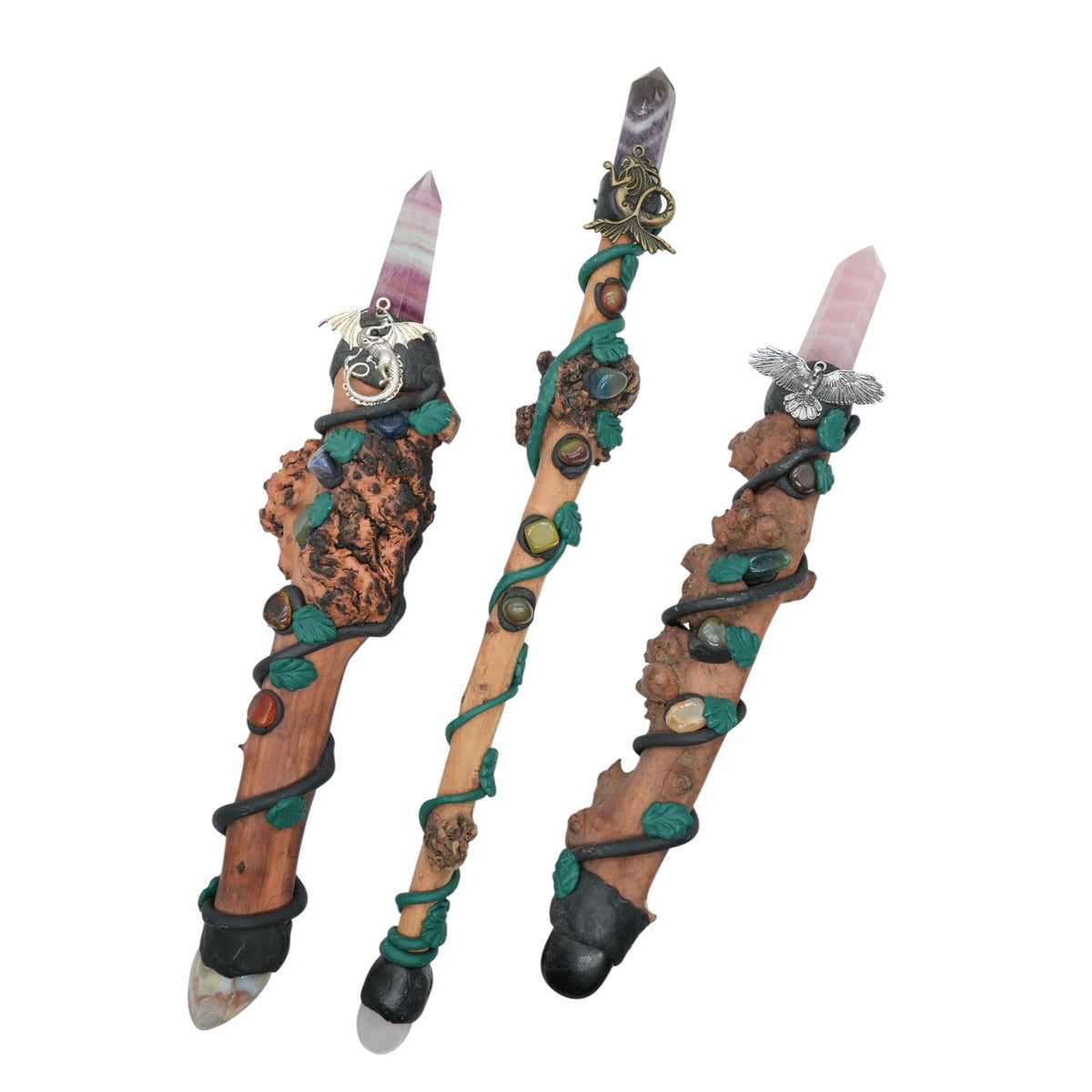Handmade wooden magic wand, natural stone for ritual & meditation 35-40 cm, sold individually