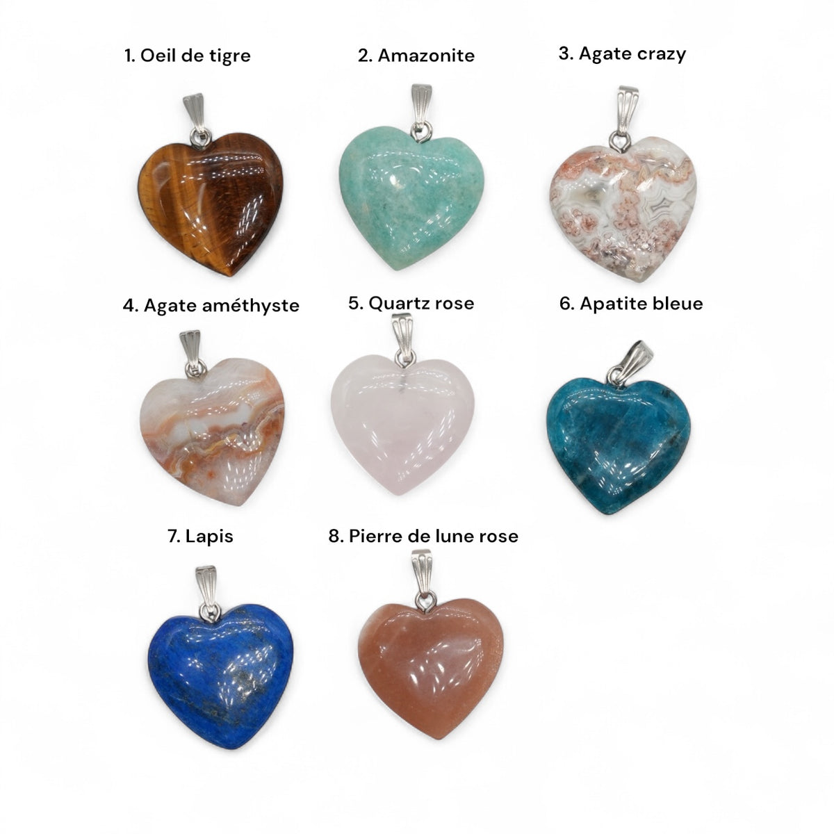 Pendentif en cœur argenté 25 mm (8 pierres disponible)