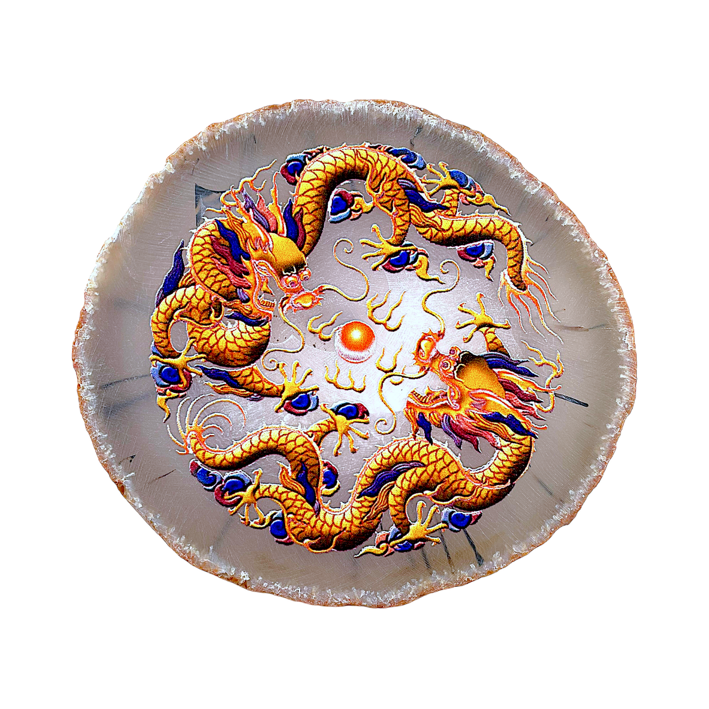 Plaque en Agate Botswana avec imprimé dragon orange (peut présenter des défauts) - Foliesbijoux