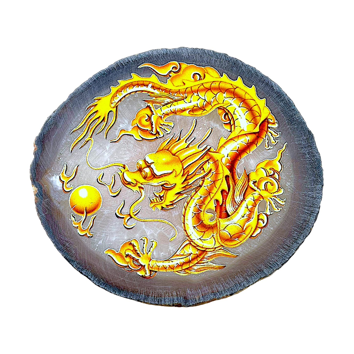 Plaque en Agate Botswana avec imprimé dragon jaune (peut présenter des défauts) - Foliesbijoux