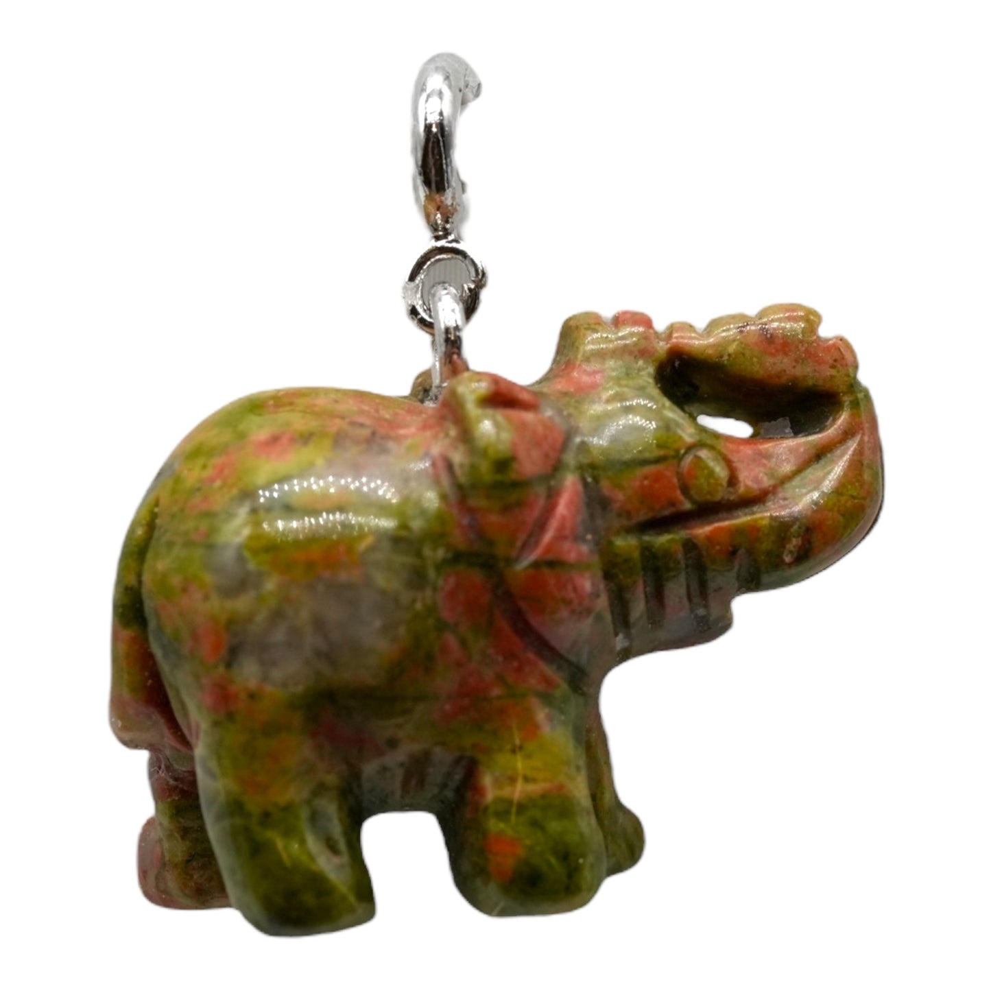 Pendentif éléphant Unakite argenté (Trompe en l’air — symbole de bonne fortune et de prospérité) - Foliesbijoux